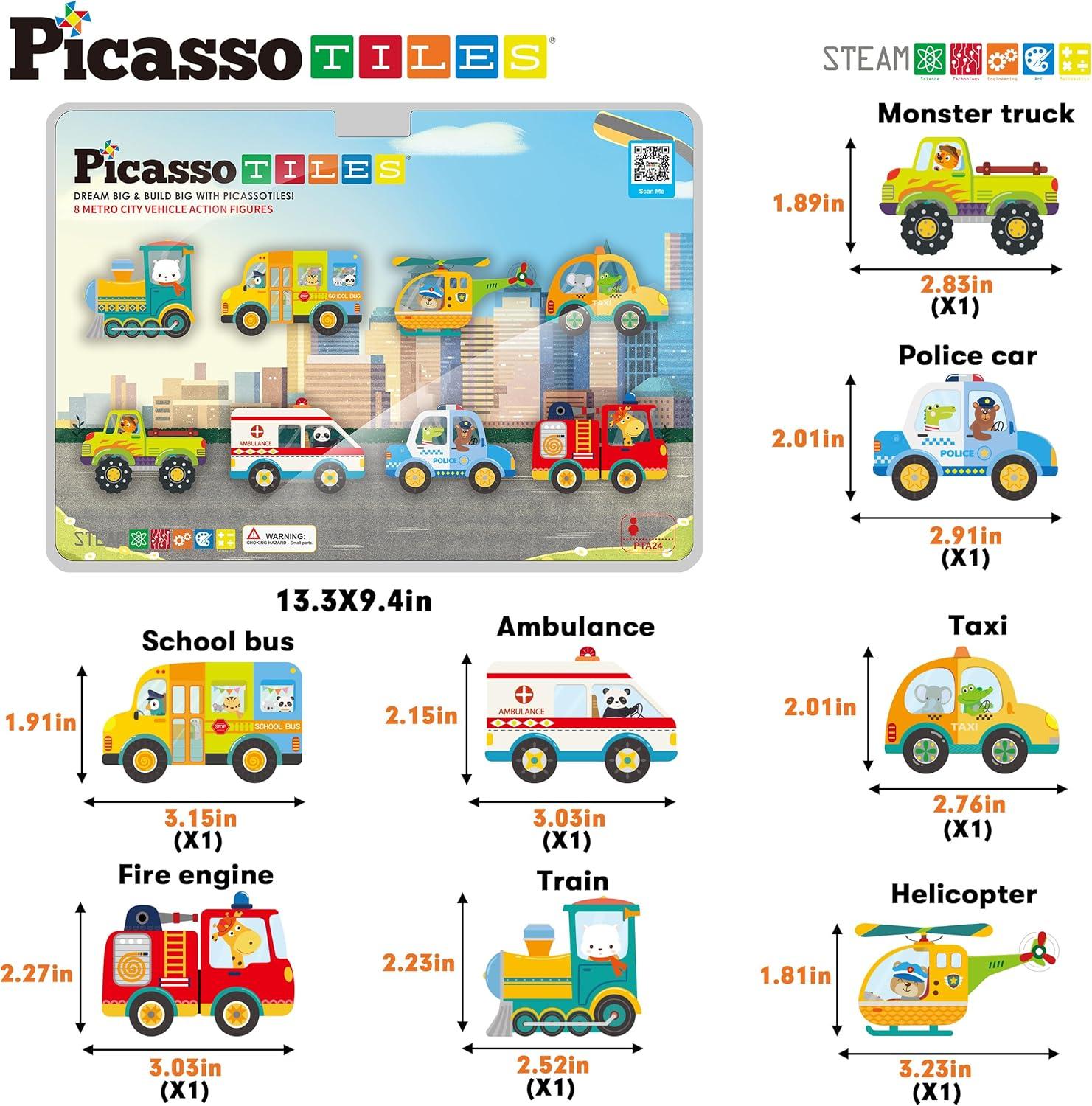 Picasso-TILES 8 PC Metro City Vehicle Themed, Magnetic Tiles, Building Blocks, STEM Toys for Kids 3+