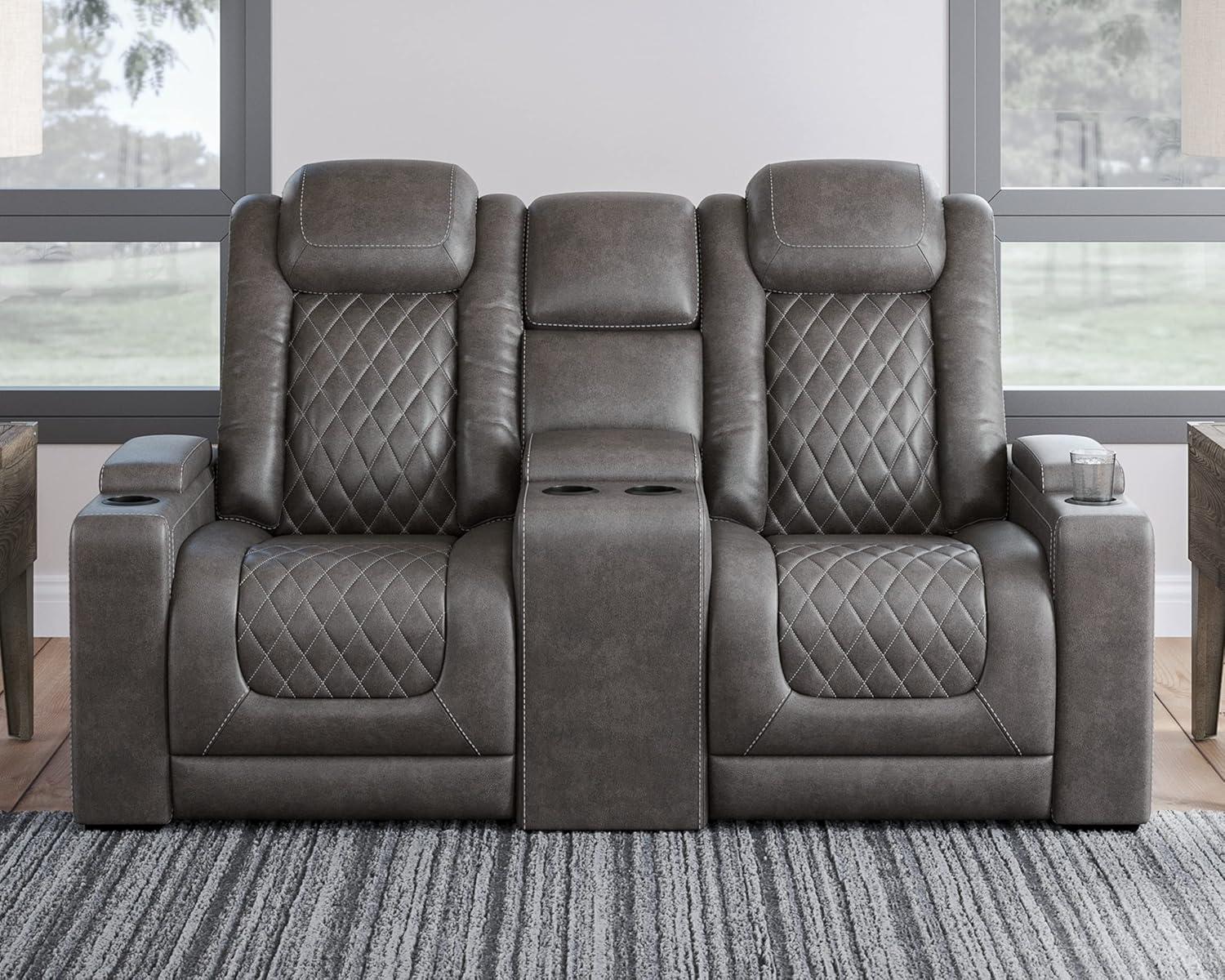 Gray Faux Leather Power Reclining Loveseat with Cup Holder