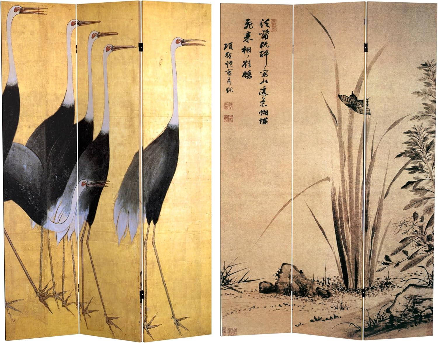 6" Double Sided Cranes Room Divider Beige - Oriental Furniture: Japanese Art, Privacy Screen