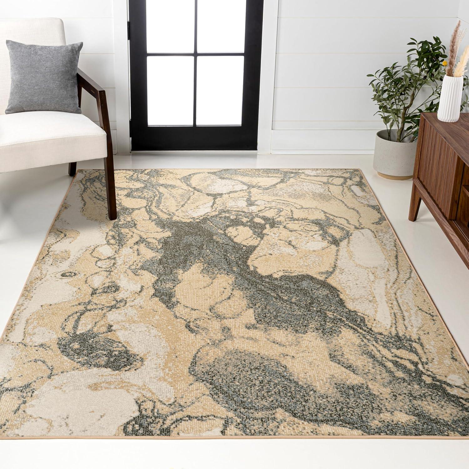 5' x 8' Marmo Abstract Marbled Modern Area Rug, Gold/Gray - JONATHAN Y