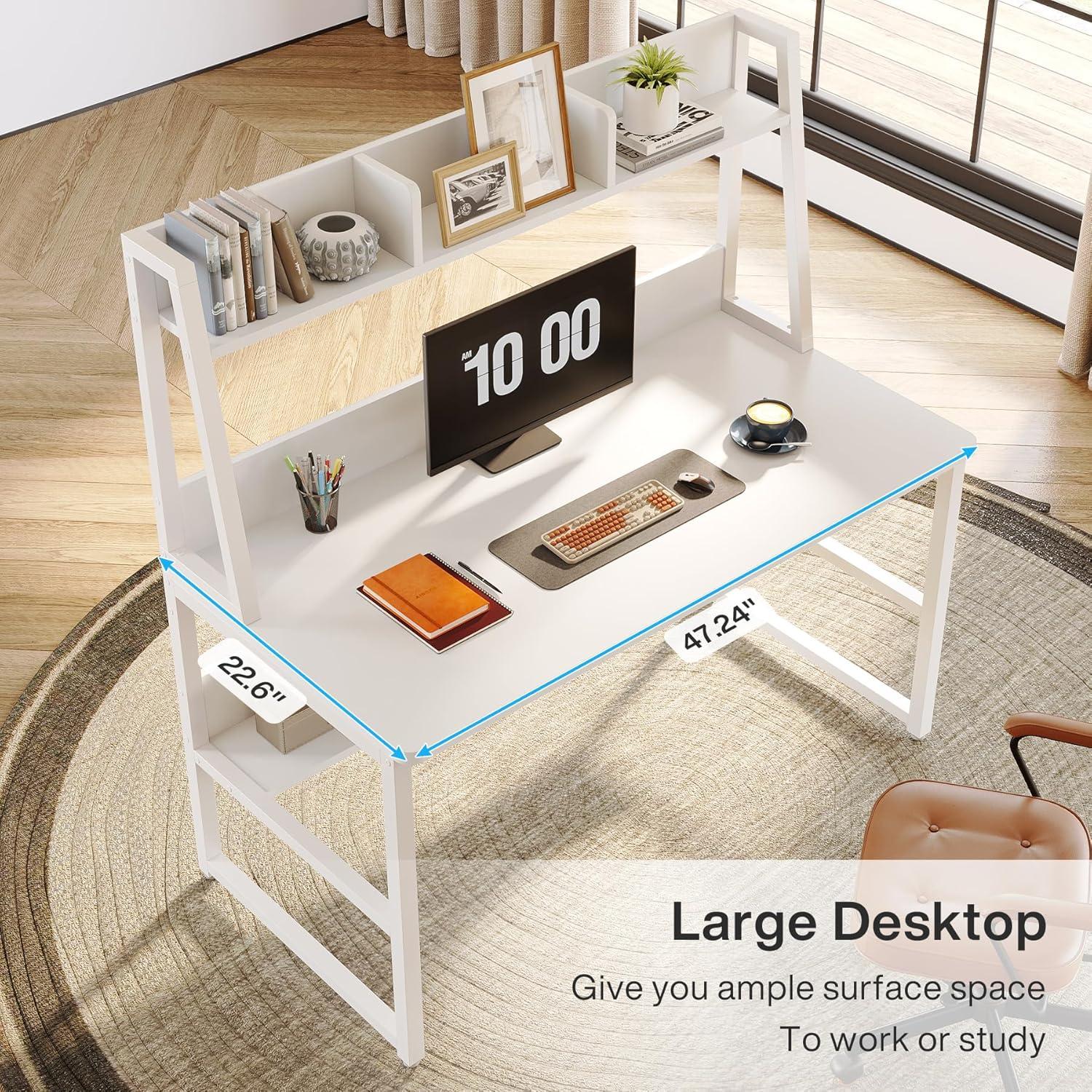 White Particleboard Computer Desk with Hutch and Bookshelf