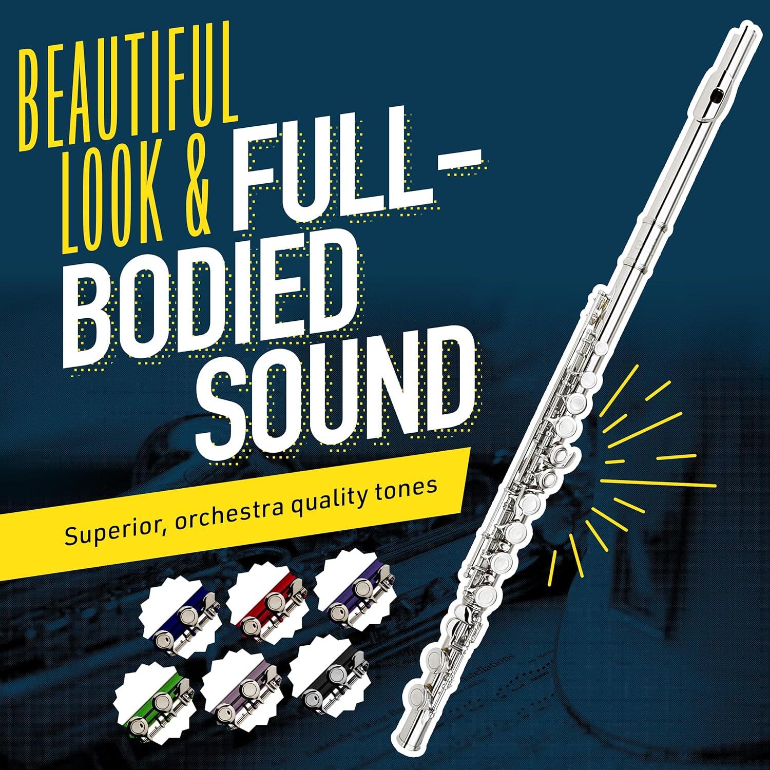 Mendini By Cecilio Flute, 16 Keys C Flute Instrument Closed Hole For Beginners with Carrying Case, Cork Grease, Stand, Lesson Book, Cleaning Kit, Gloves (Black)