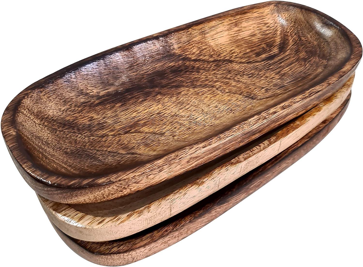 collectiblesBuy Set Of 3 Handmade Rectangular Rustic Solid Wooden Serving Platter Trays Wood Grain Pattern Brown dinnerware