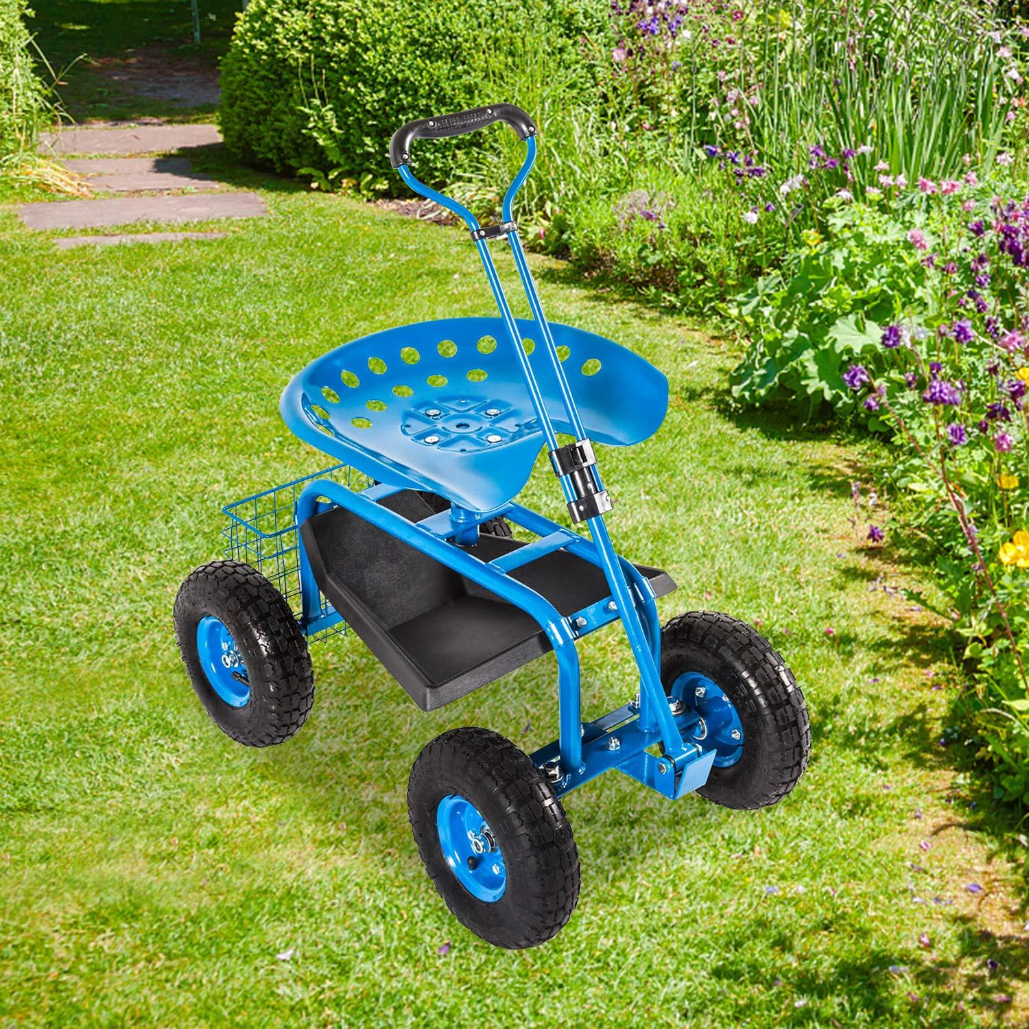 Rolling Garden Cart Scooter Stool - Garden Seat with Wheels Garden Cart with Seat, Adjustable Handle 360 Degree Swivel (Blue)