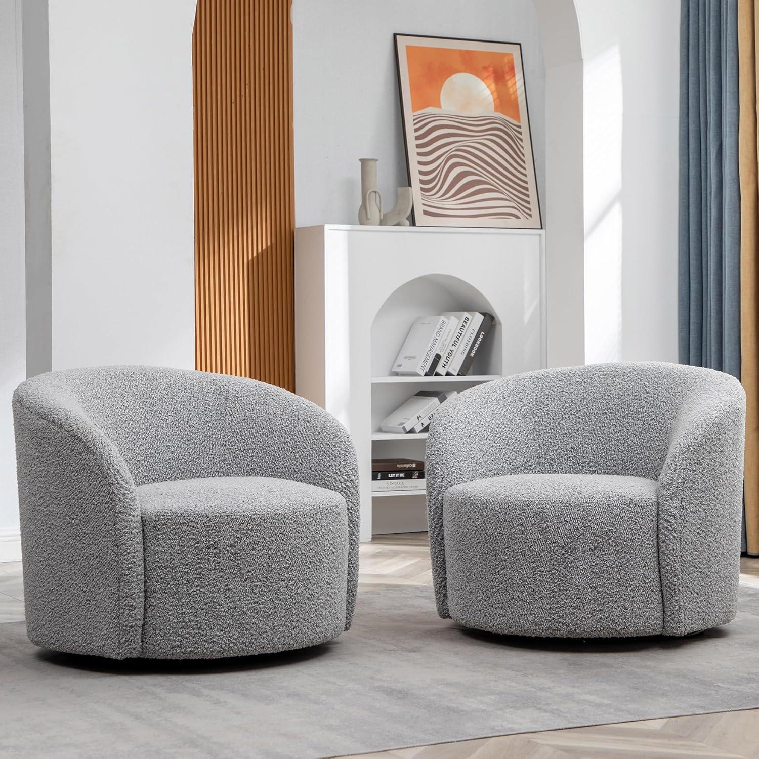 34'' Gray Boucle Swivel Barrel Chairs with Round Arms, Set of 2