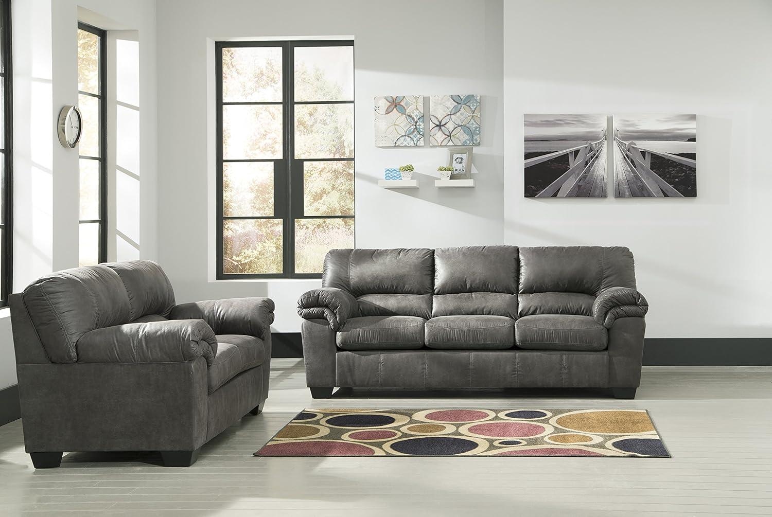 Signature Design by Ashley Bladen Contemporary Faux Leather & Wood Sofa in Gray