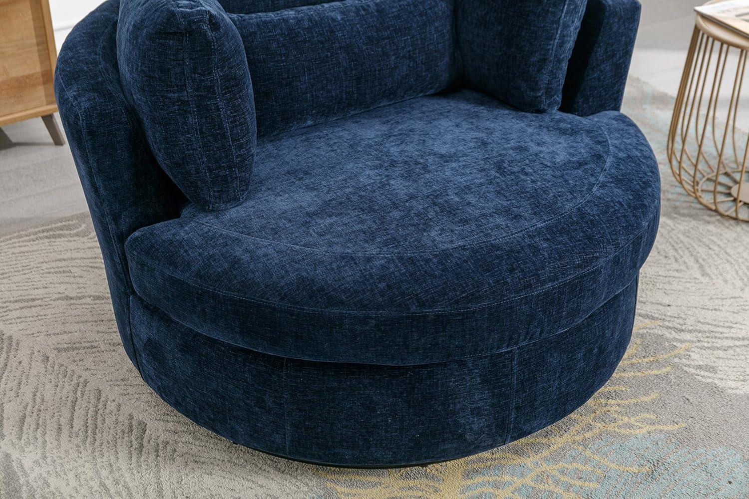 Navy Chenille Swivel Barrel Chair with Ottoman