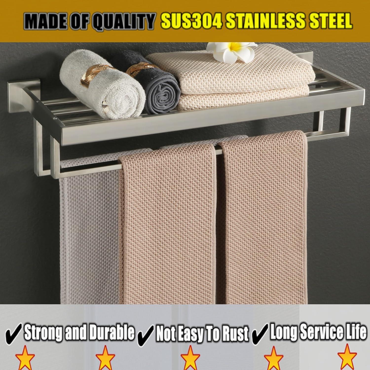 Alise Towel Rack with Double Towel Bar, 24 Inch Towel Racks for Bathroom, Modern Towel Holder for Bathroom Wall, SUS304 Stainless Steel Towel Shelf, Brushed Nickel