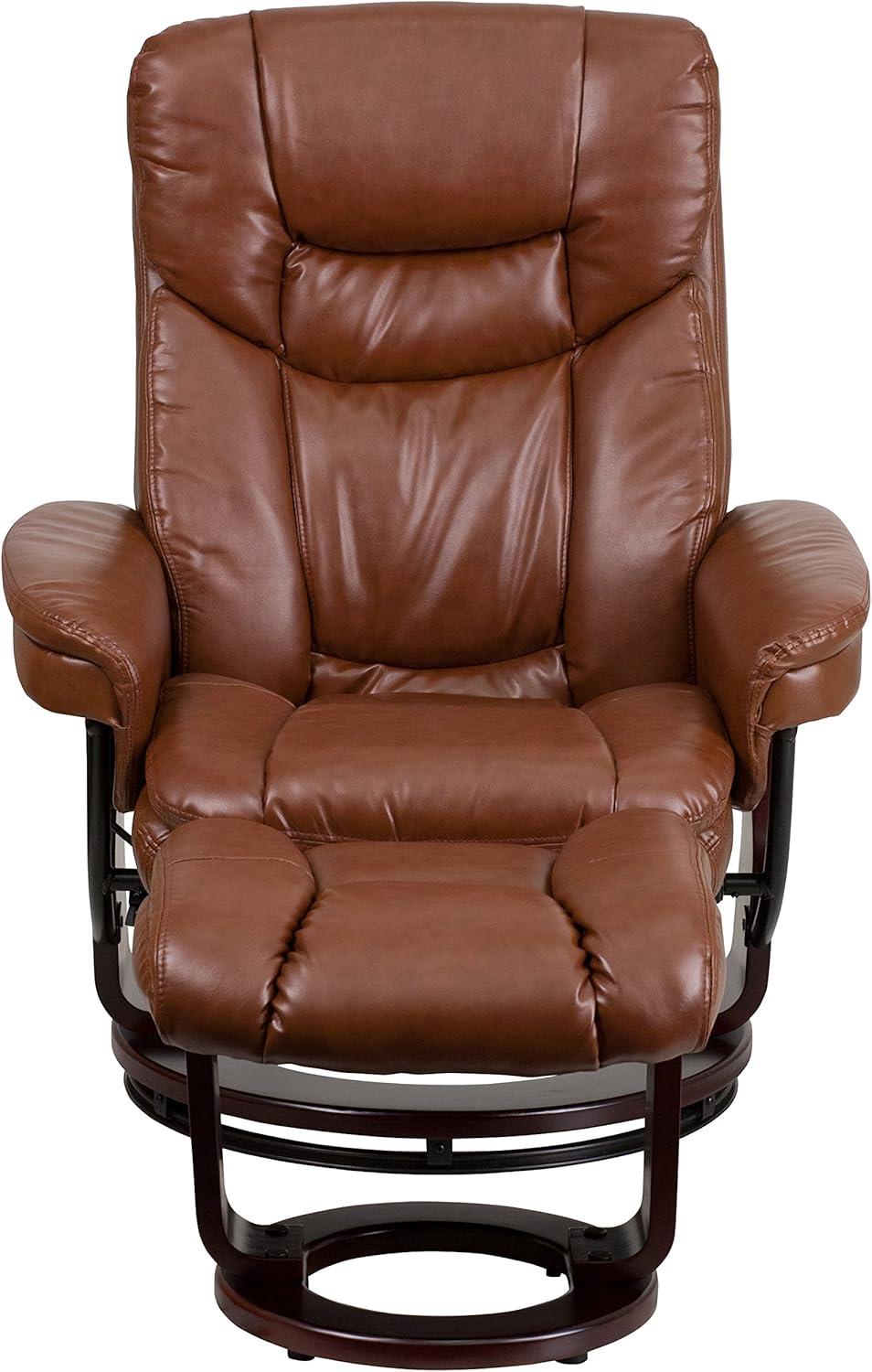 Flash Furniture Contemporary Multi-Position Recliner and Curved Ottoman with Swivel Mahogany Wood Base