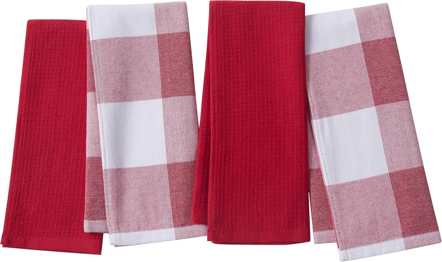 Cannon 4pk Cotton Jackson and Olivia Kitchen Towels Red: Classic Plaid & Solid Dish Towels, Waffle & Terry, Machine Washable