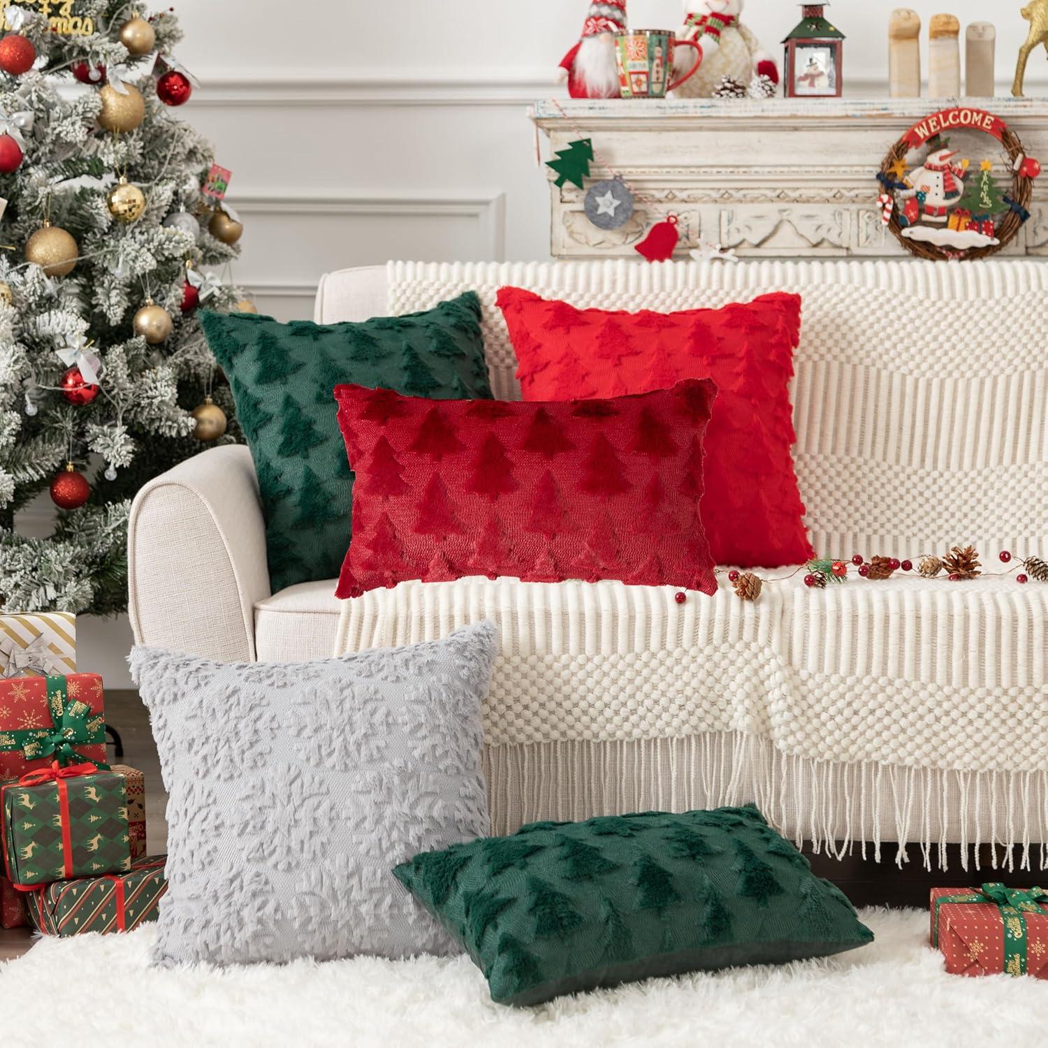 UGASA Pillow Covers 20x20 Inch Set of 2 Soft Plush Faux Fur Christmas Tree Decorative Luxury Jacquard Throw Pillows Pillowcases for Couch Sofa Holiday Festivals Home Decor, Burgundy