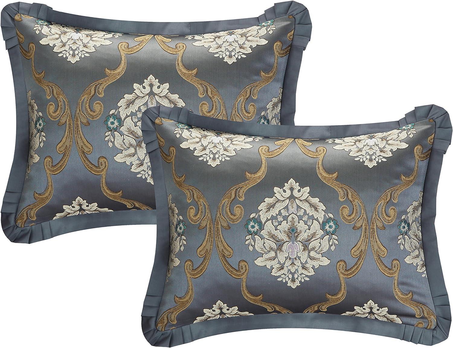 Blue Jacquard Queen Comforter Set with Decorative Pillows