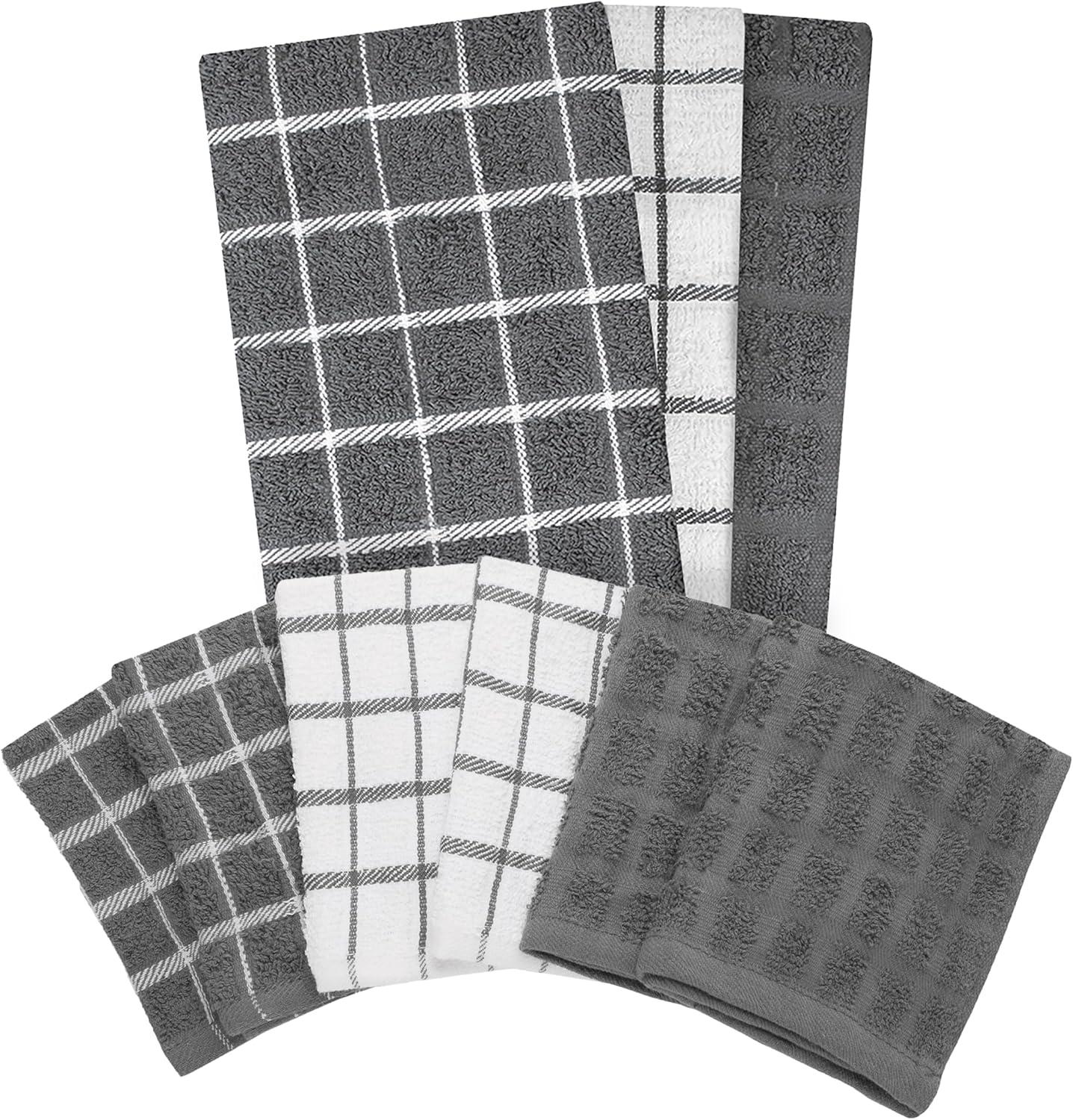 John Ritzenthaler Co. Ritz 3-Pack Terry Check Kitchen Towel Set and 6-Pack Terry Check Dish Cloth Set, Grey