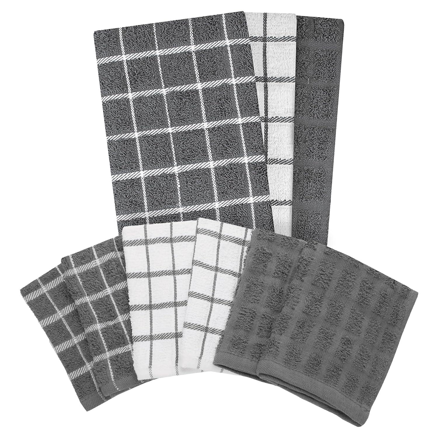 John Ritzenthaler Co. Ritz 3-Pack Terry Check Kitchen Towel Set and 6-Pack Terry Check Dish Cloth Set  Grey