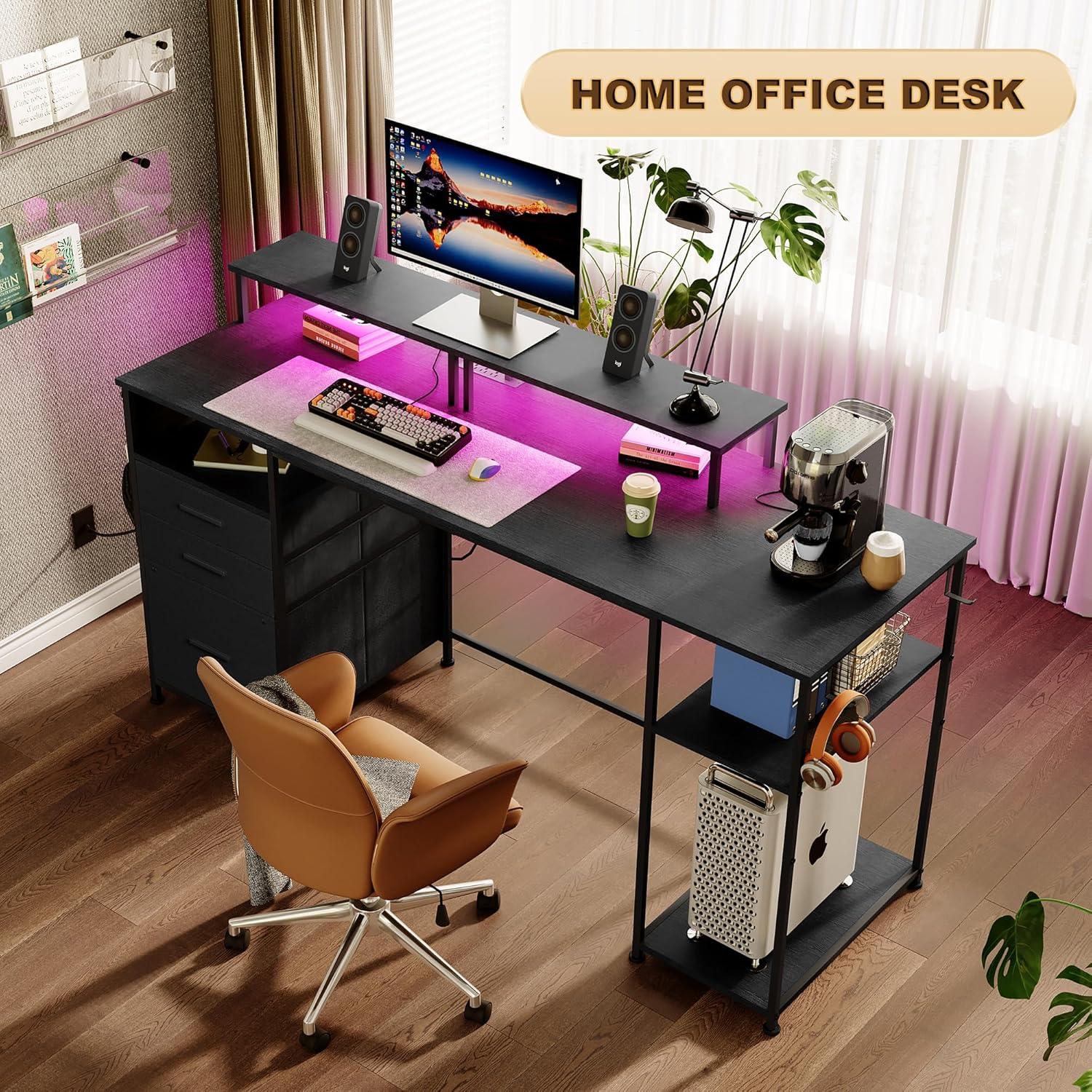 Computer Desk with 3 File Cabinet Drawers, 57.8'' Reversible Gaming Desk with LED Lights and Power Outlets, Office Desk with Storage Shelves and Dual Monitor Stand for Home & Office (Black)