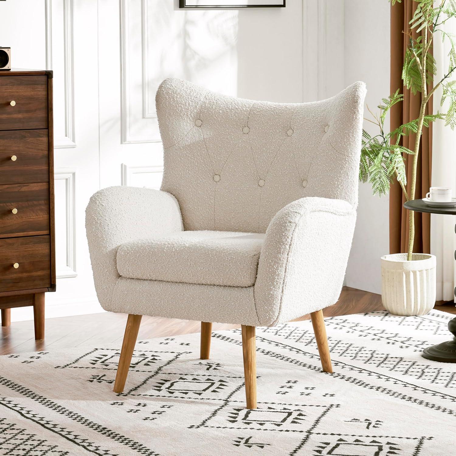 Christopher Knight Home Faschia Mid Century Accent Chair, Boucle Textured Arm Chair, Upholstered Single Sofa, Tufted Reading Chair, Indoor Backrest Chair for Living Room, Home Rest, White + Oak