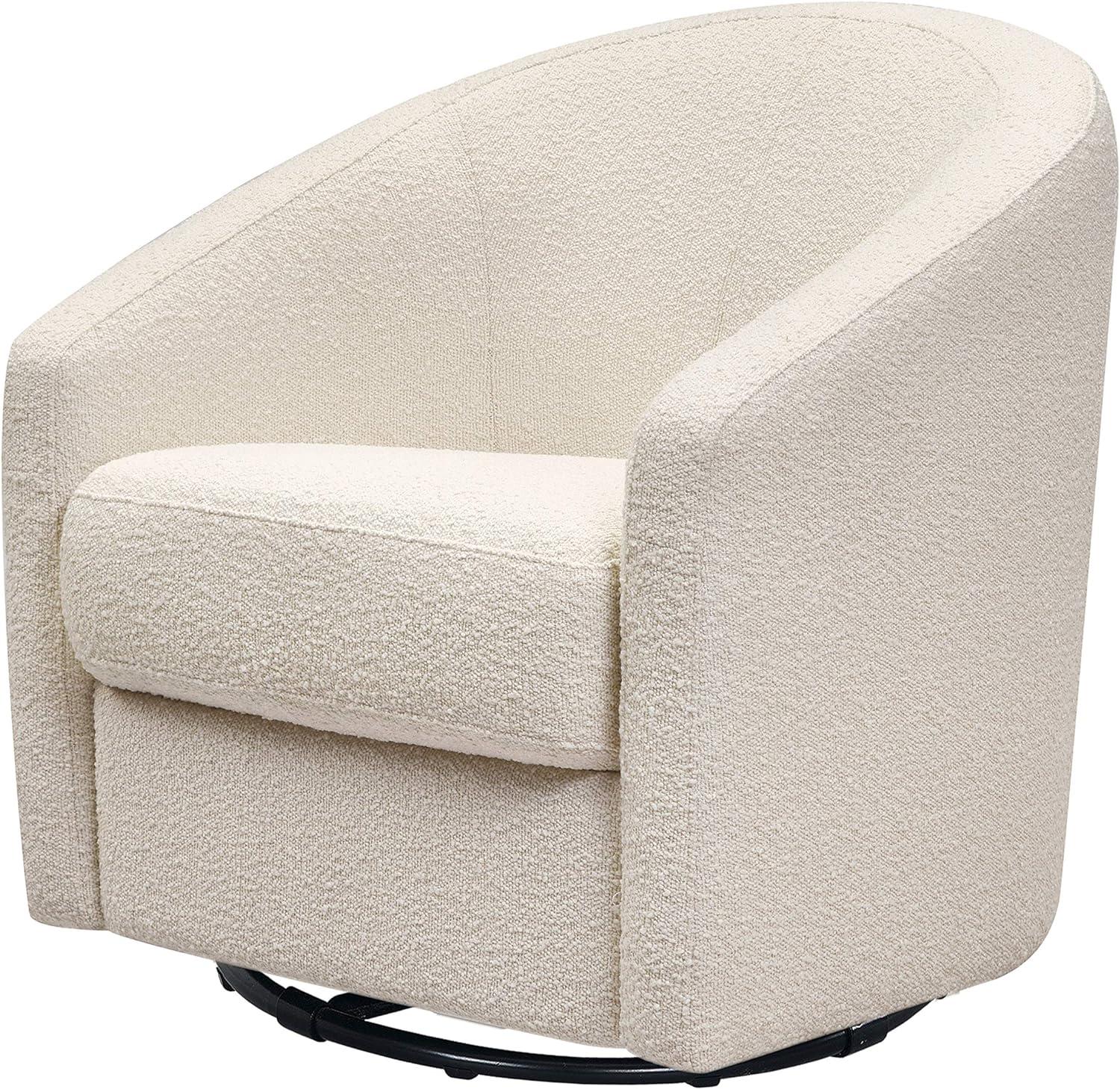 Ivory Boucle Velvet Swivel Glider with Wood Accents, Handcrafted