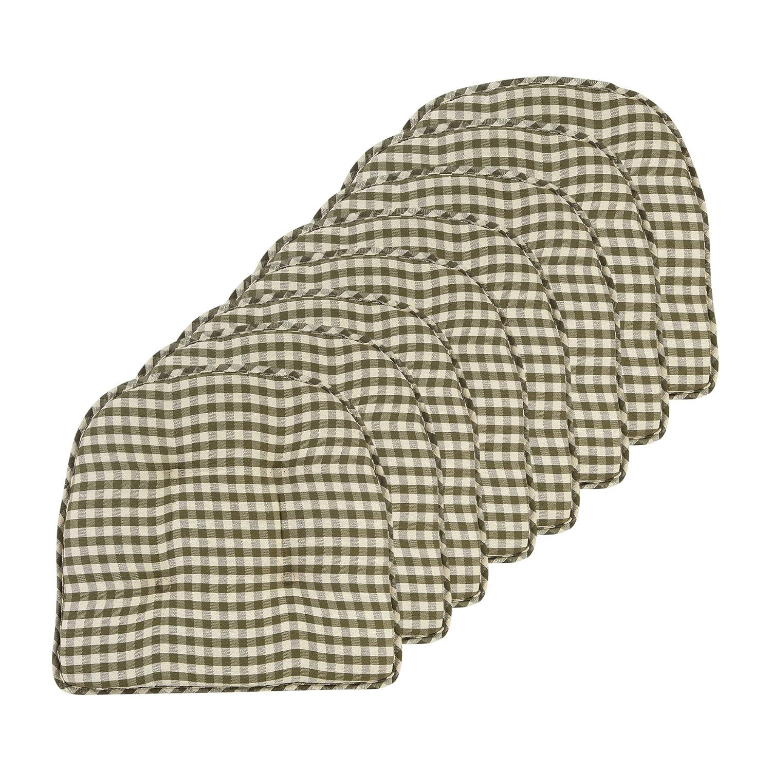 Non-Slip Tufted Chair Cushions for Dining Room, Kitchen and Office Use, U-Shaped Skid-Proof Seat Pad, 15x16 Inches, 4 Pack, Gingham Pine