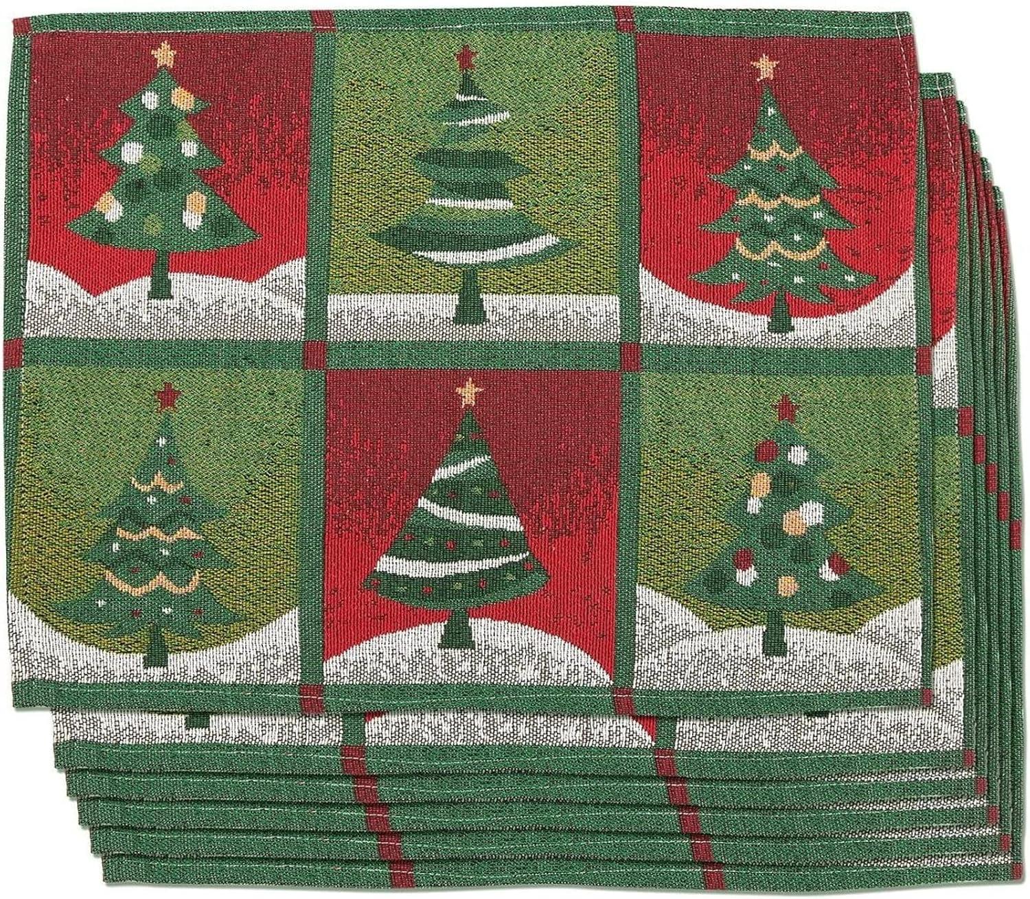 Set of 6 Christmas Tree Polyester Placemats in Red and Green