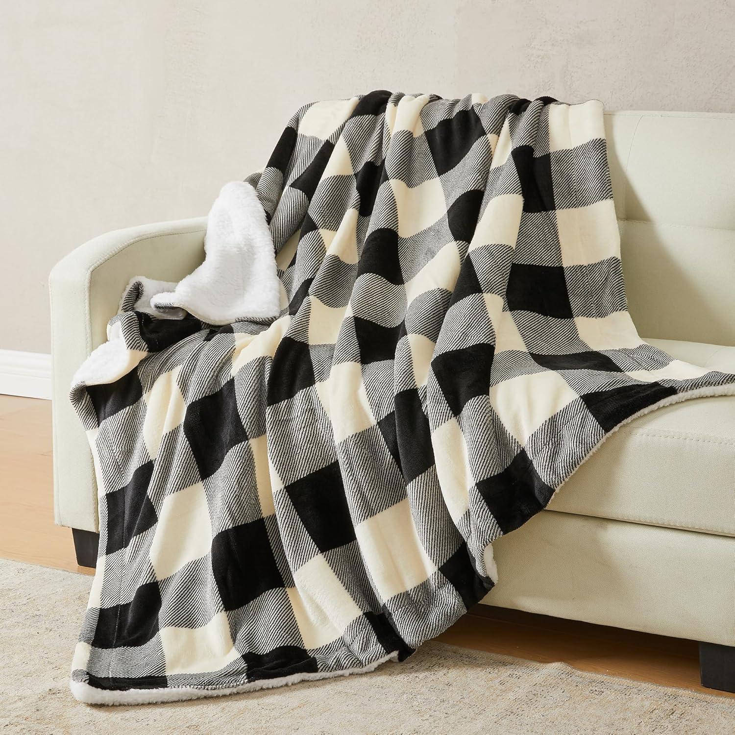 Great Bay Home Cozy Plush / Sherpa Reversible Throw Blanket, 50" x 60", Black / White Buffalo Check