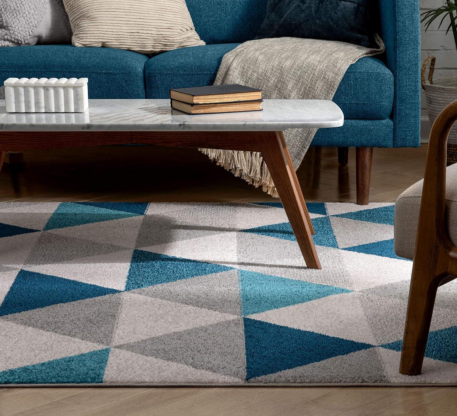 Well Woven Isometry Blue & Grey Modern Geometric Triangle Pattern 7'10" x 9'10" Area Rug Soft Shed Free Easy to Clean Stain Resistant