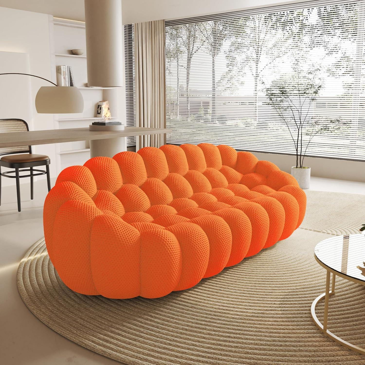 Bubble Couch, 98.43'' Modern 3-Seater Lazy Floor Couch, Memory Foam Bubble Round Sofa 3D Honeycomb Shape Curved Sofas for Living Room, Office, Apartment (Orange)