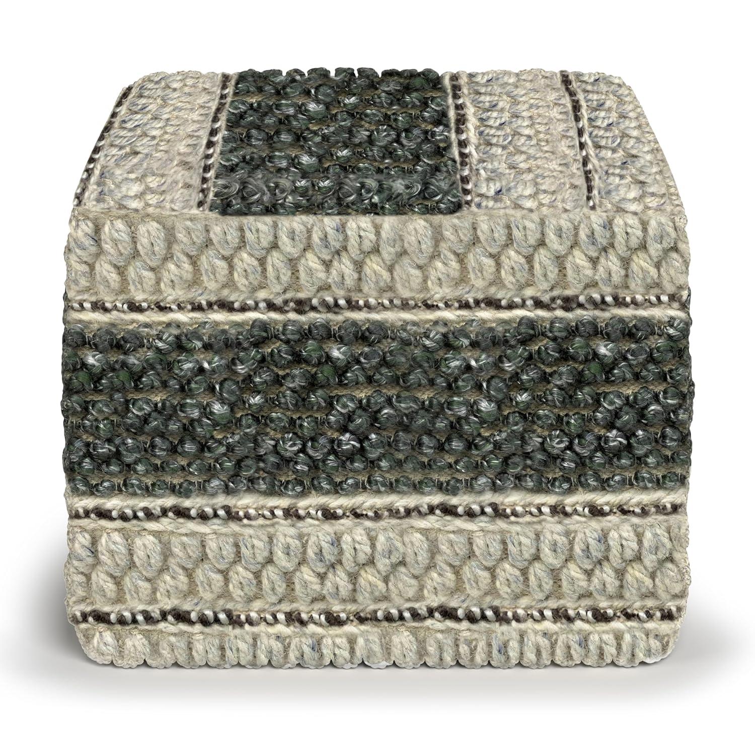 SIMPLIHOME Grady Contemporary Square Pouf in Green and Natural Handloom Woven for the Living Room, Bedroom and Kids Room