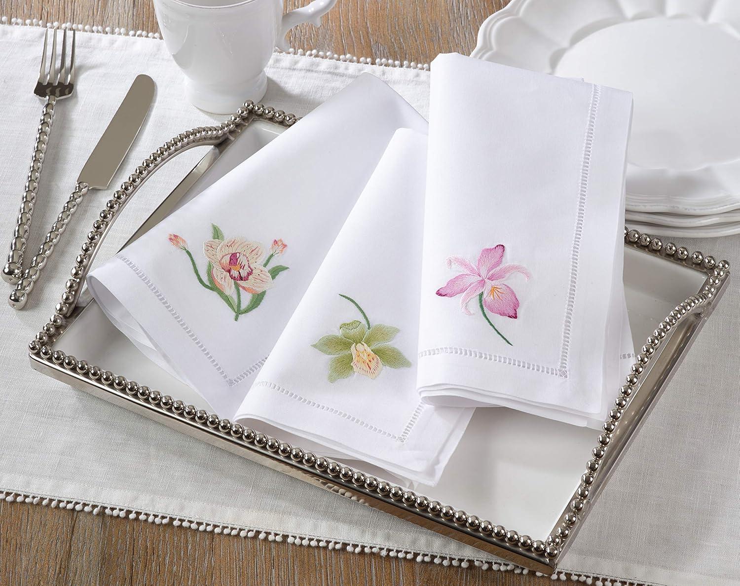 Saro Lifestyle Embr'd Fuchsia Orchid Hemstitch Napkin, 20" Square, White (Set of 6)