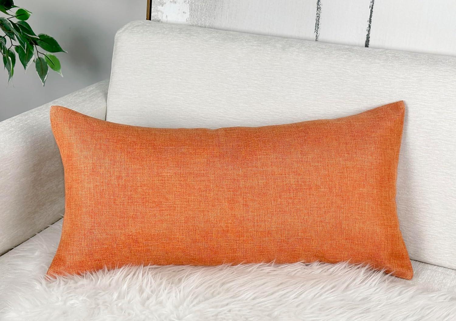 Orange Faux Linen Lumbar Pillow Cover 14" x 26"