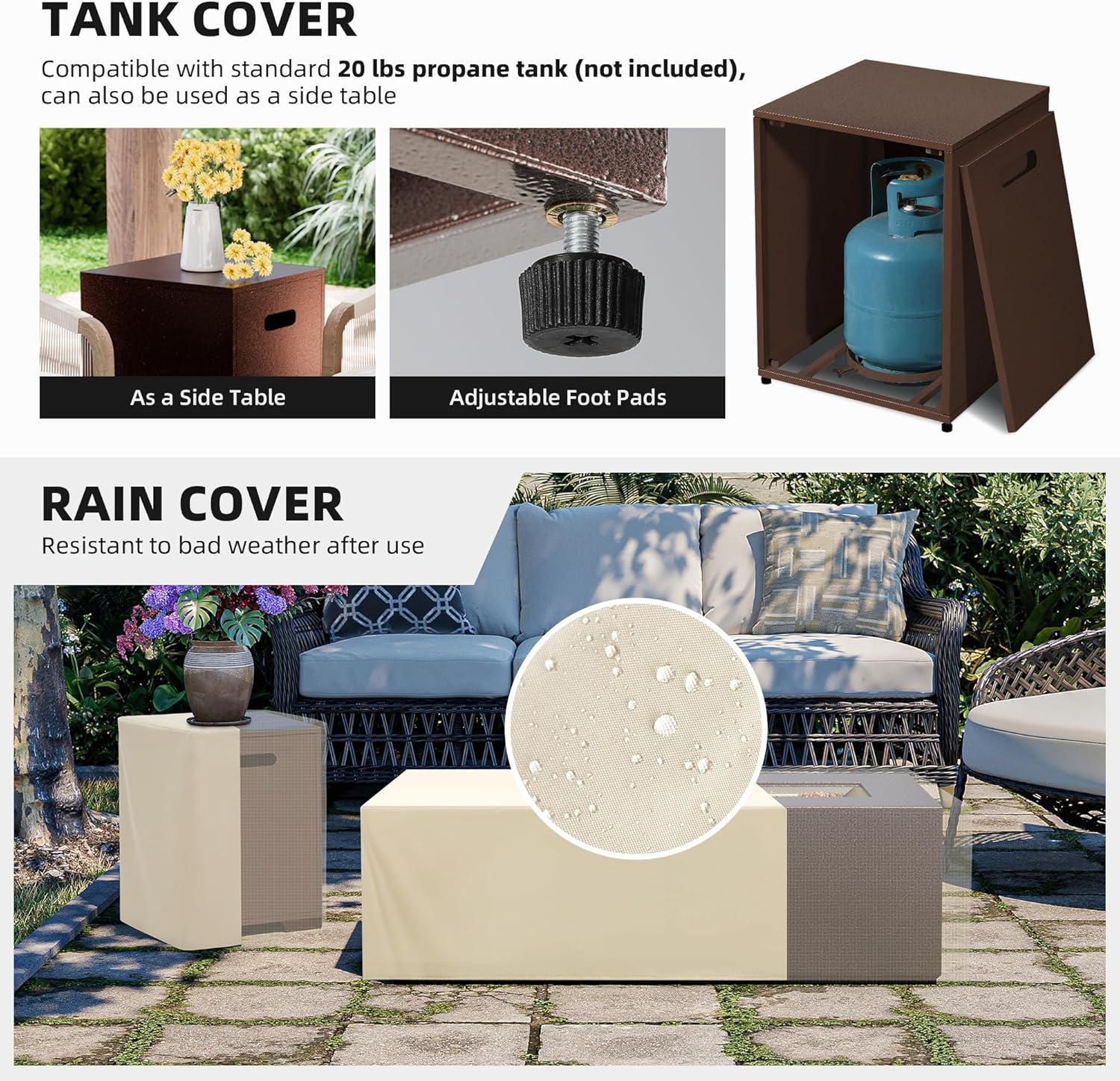 UPHA 42-inch Outdoor Propane Rectangle Fire Pit Table 50000 BTU Iron Gas FirePit for Outside Patio with Tank Cover, Removable Lid, Lava Rocks, Rain Cover, Grey