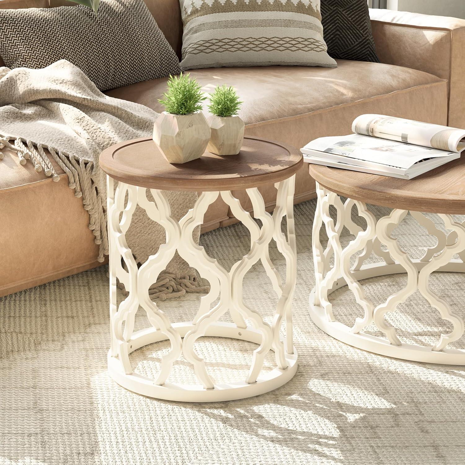 Round Natural Wood Coffee Table with Curved Motif Frame