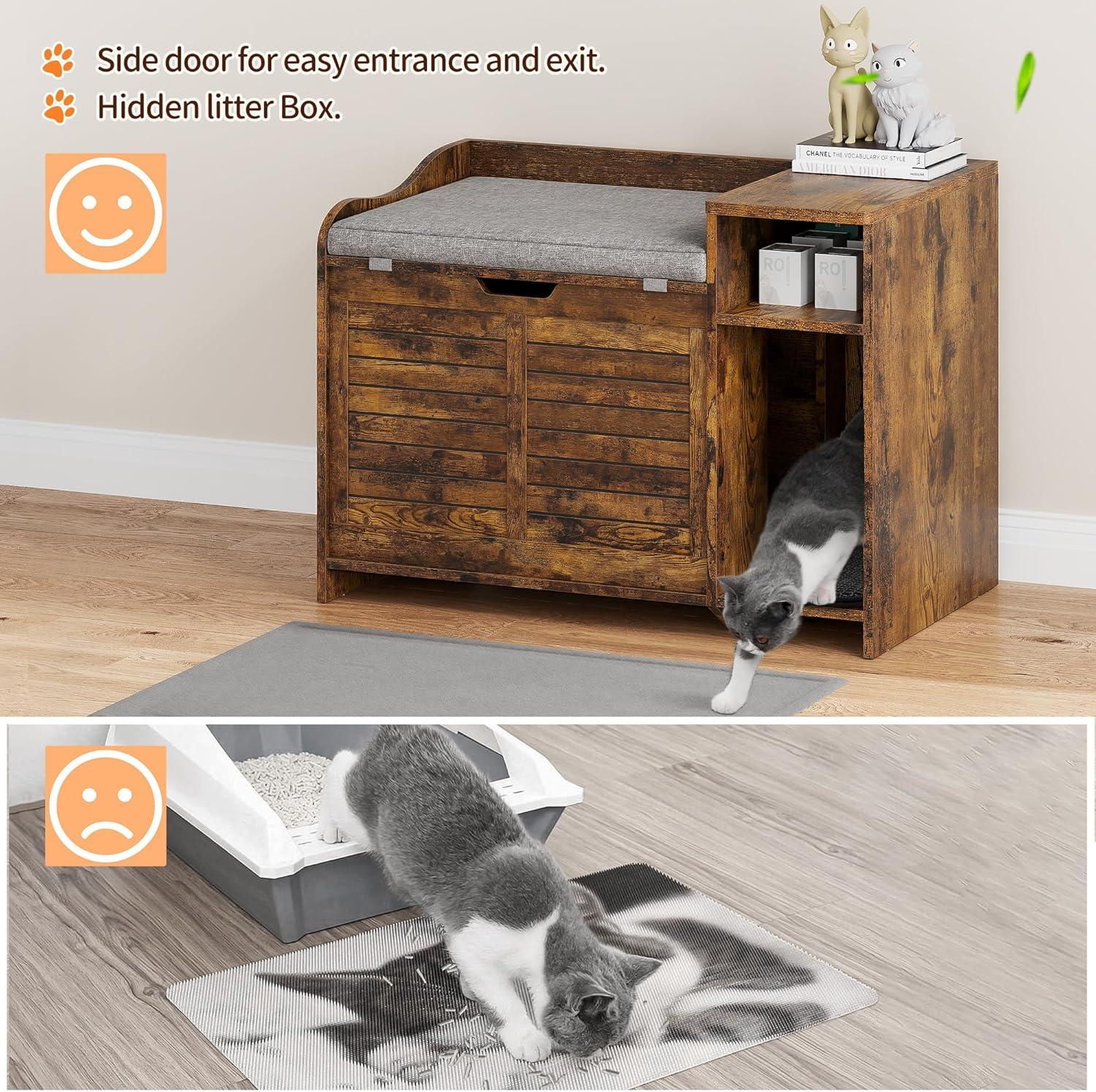 Rustic Brown Fir Wood Cat Litter Box Enclosure with Cushion