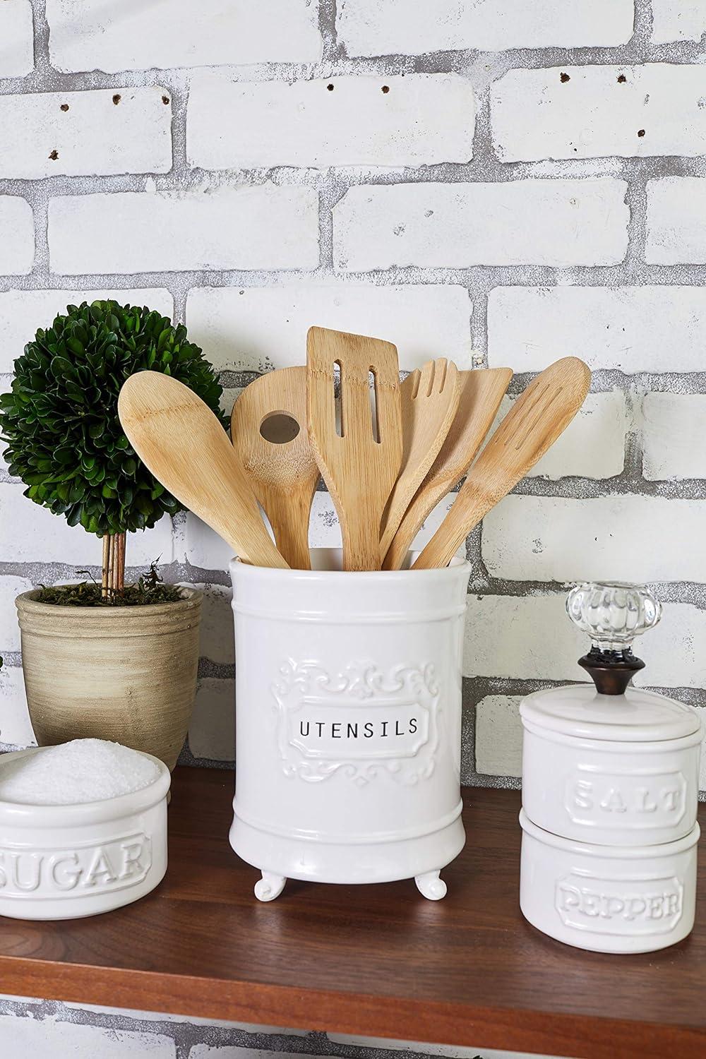 Vintage White Ceramic Utensil Holder with Footed Base