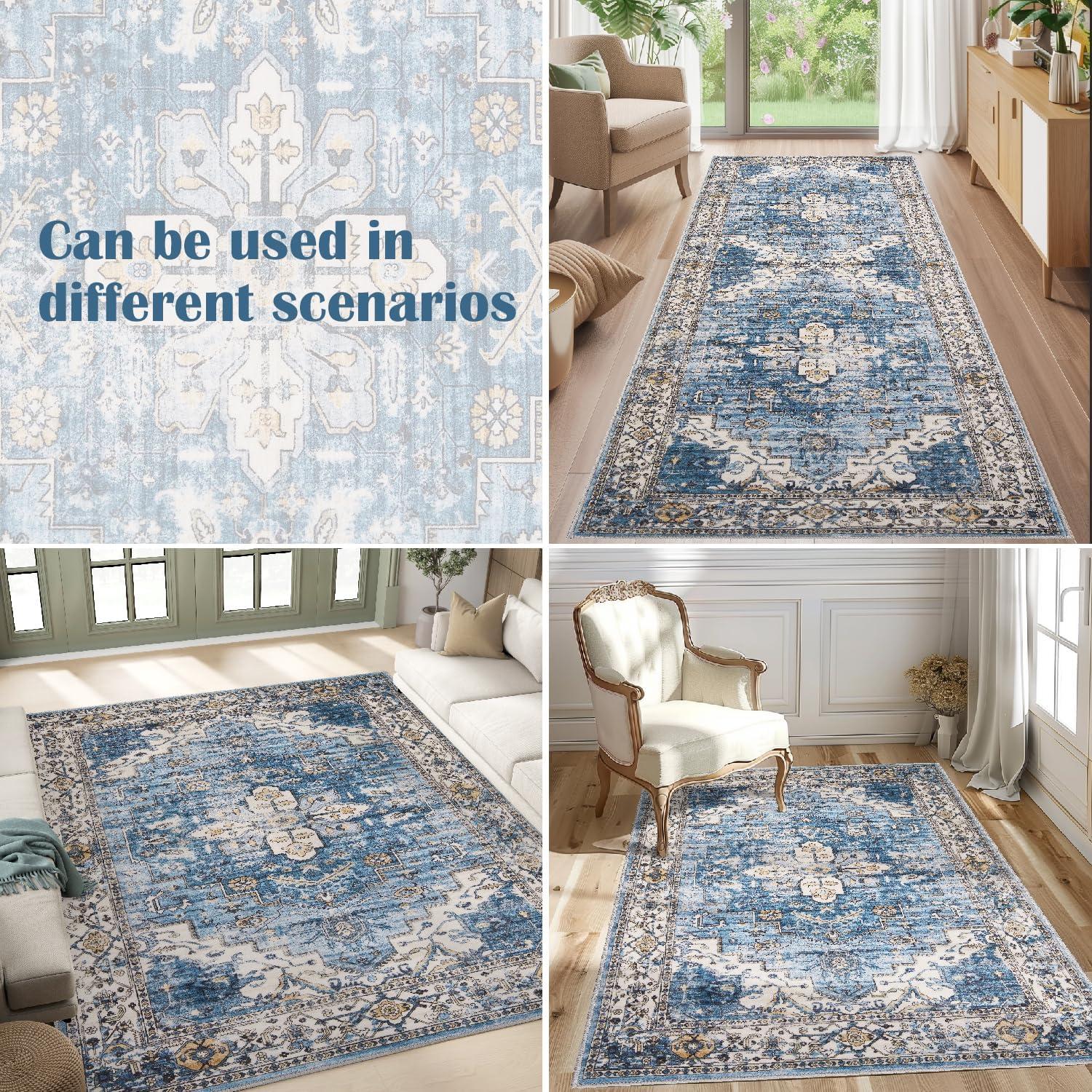 Hasoo 3' x 5' Area Rug Medallion Print Distressed Entryway Rug Persian Soft Foldable Accent Rug for Bedroom Living Room, Blue