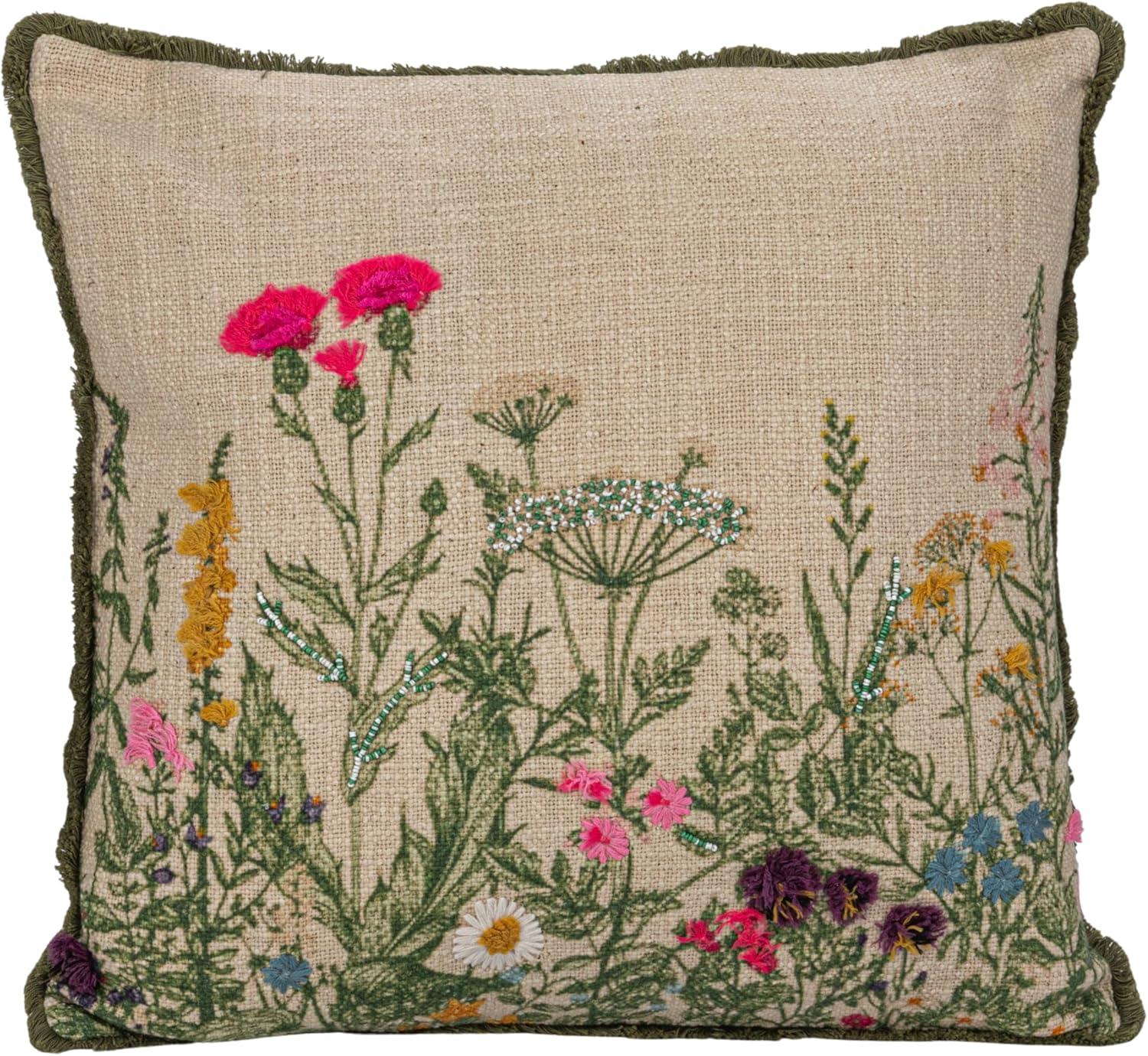 Multicolor Cotton Slub Embroidered Square Pillow