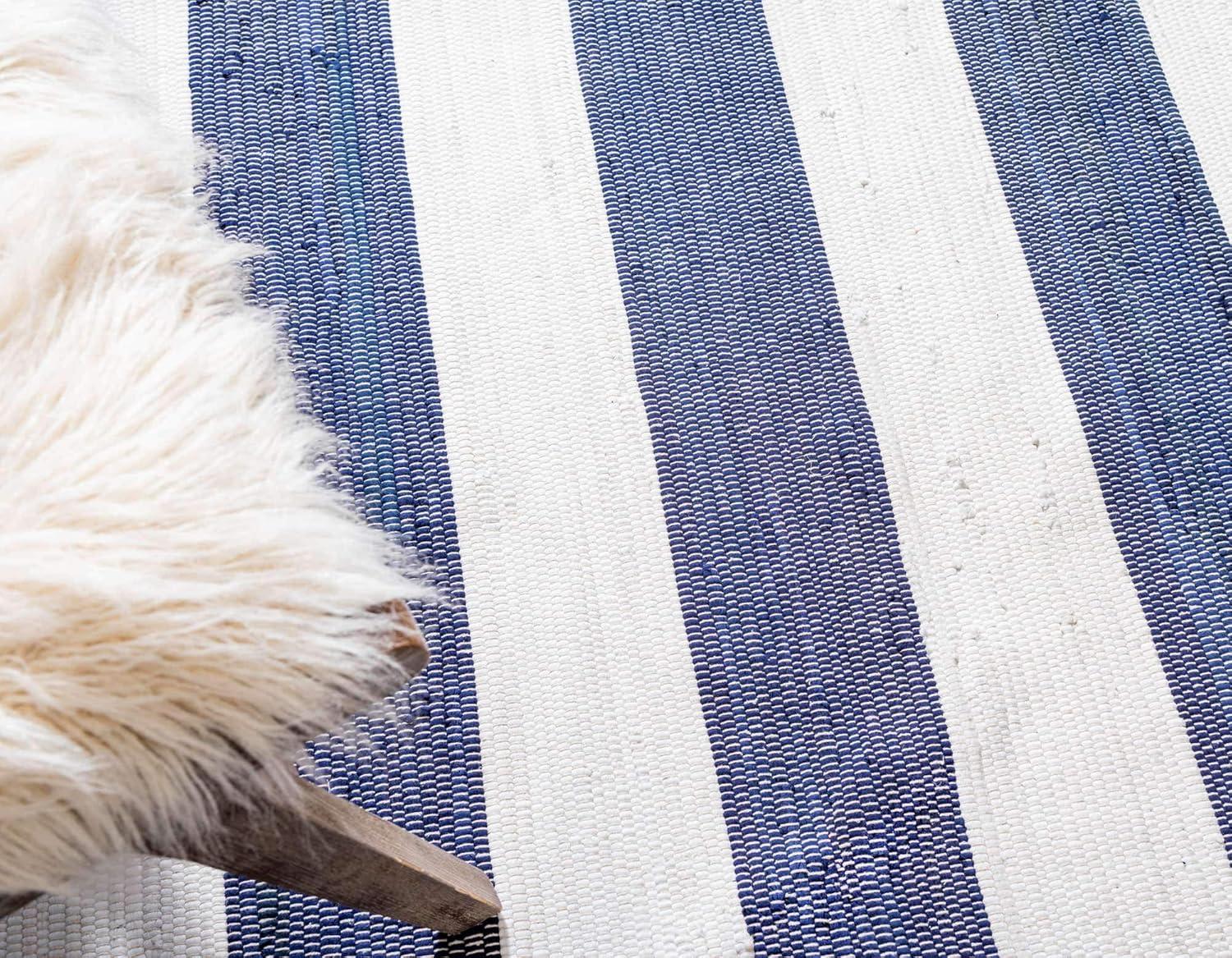Unique Loom Chindi Rag Collection Area Rug - Striped (2' 7" x 6' 1" Runner Navy Blue/Ivory)