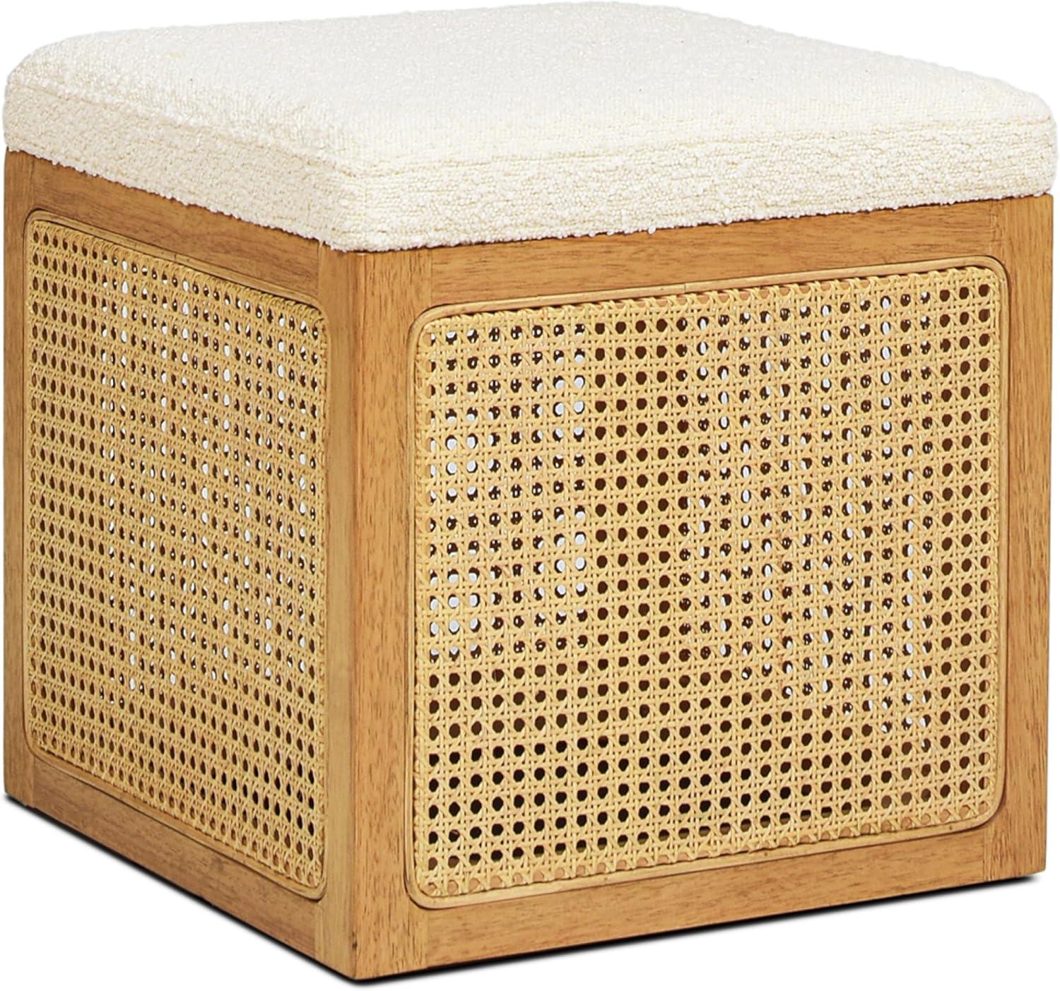 Nina 18" Natural Cane Webbing Cube Ottoman with Boucle Upholstery