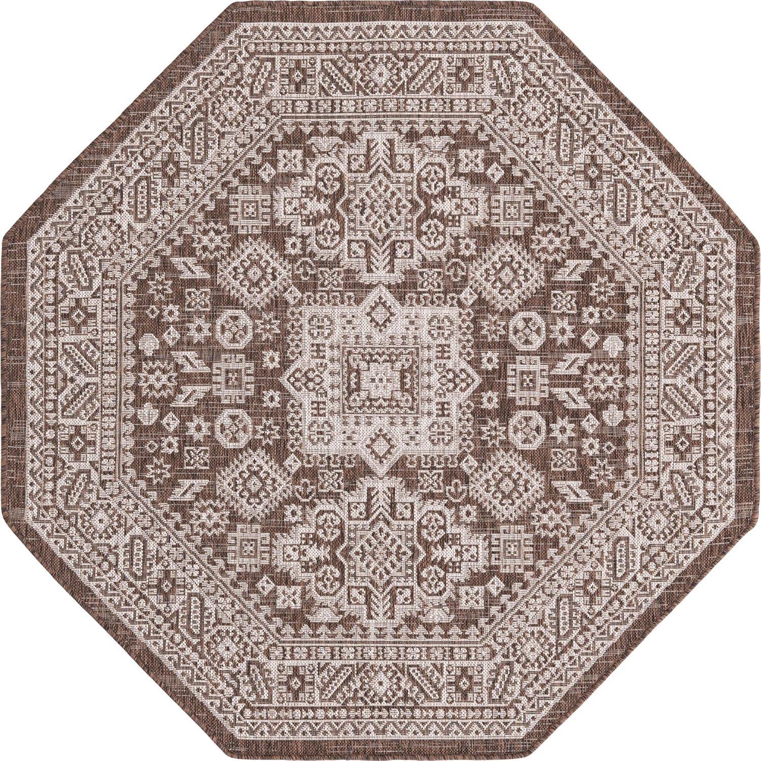 Rugs.com Outdoor Aztec Collection Rug – 5 Ft Octagon Brown Flatweave Rug Perfect For Living Rooms, Kitchens, Entryways