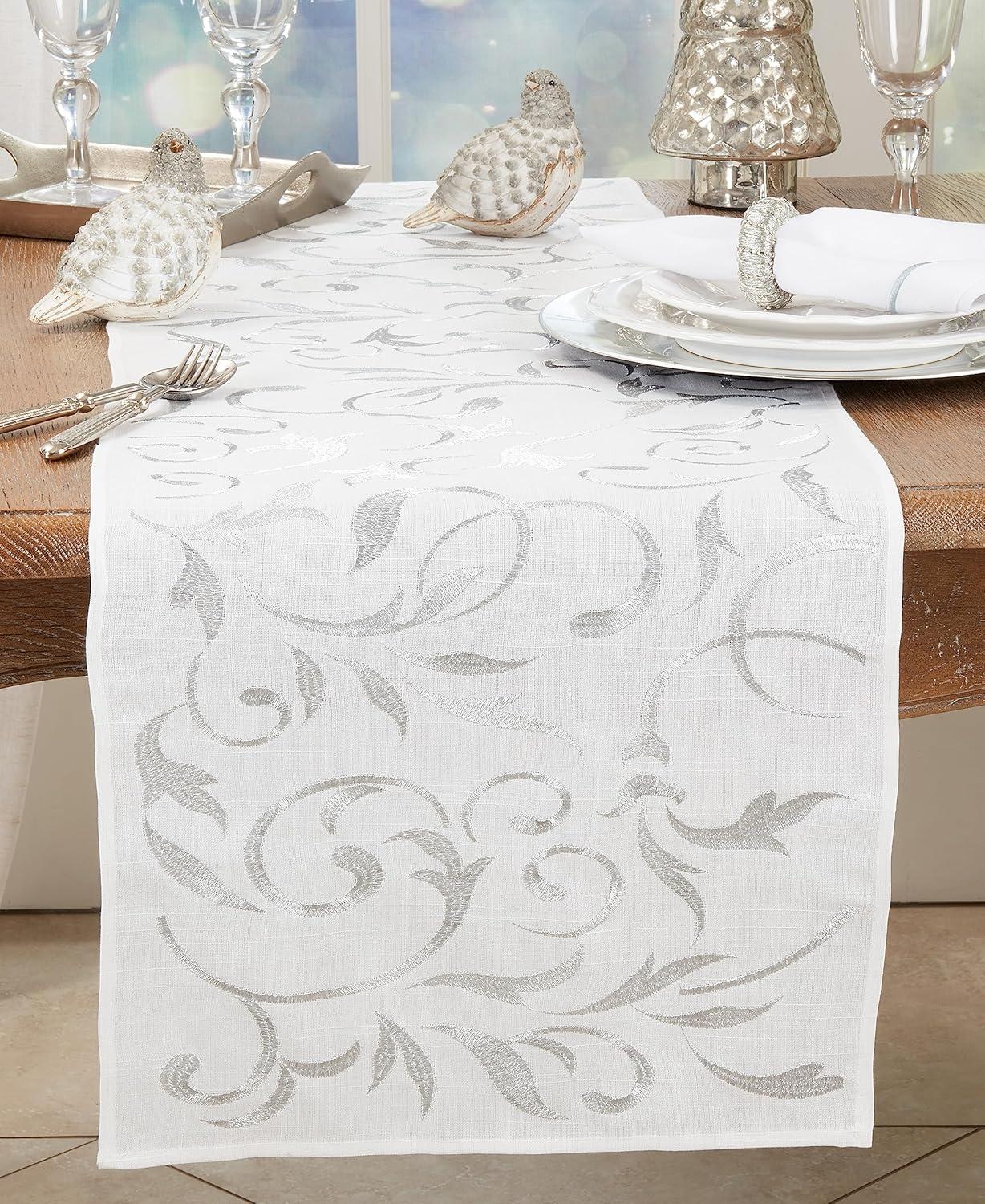 Saro Lifestyle Botanical Embroidered Leaves Table Runner