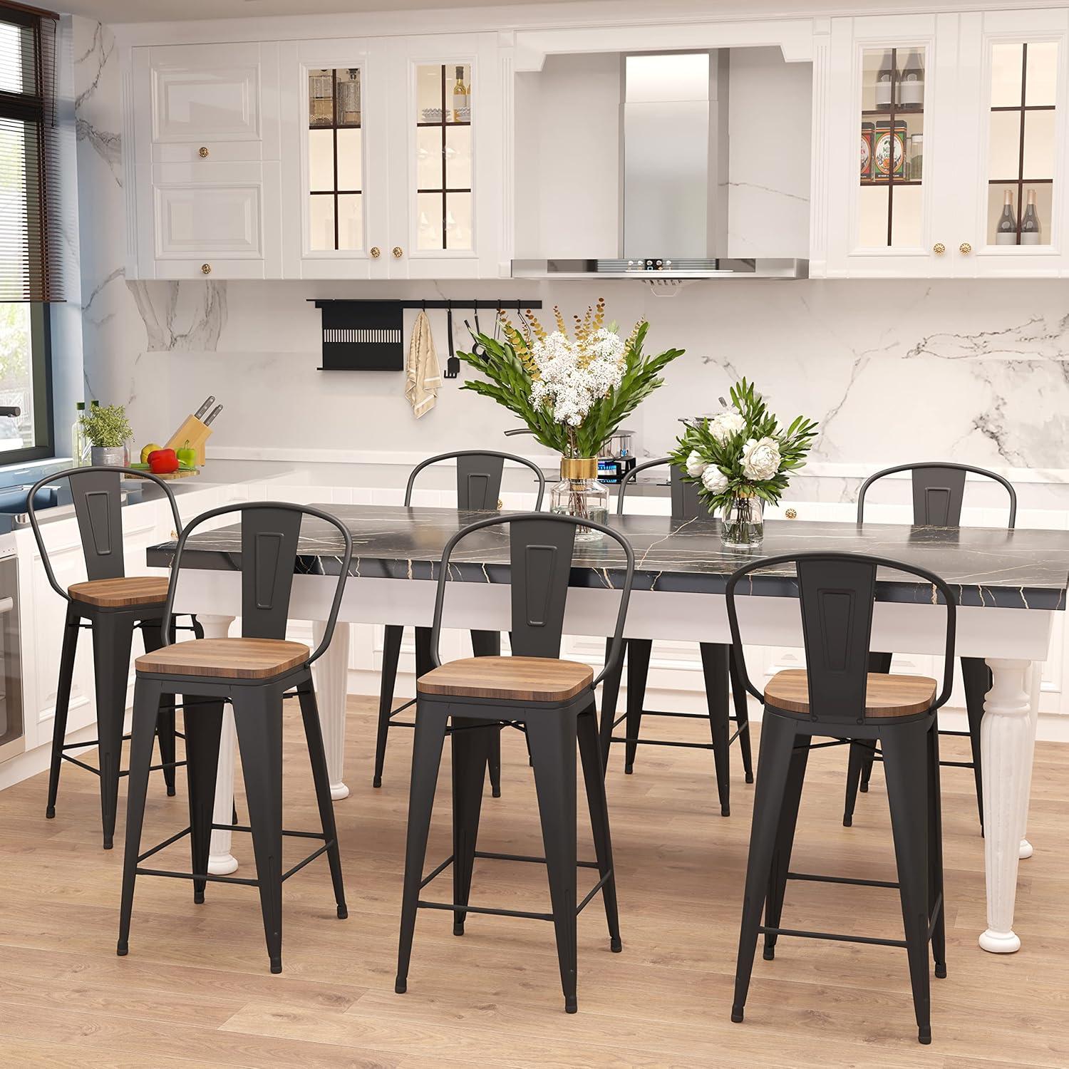 Set of 4 Black Metal and Wood Counter Height Bar Stools