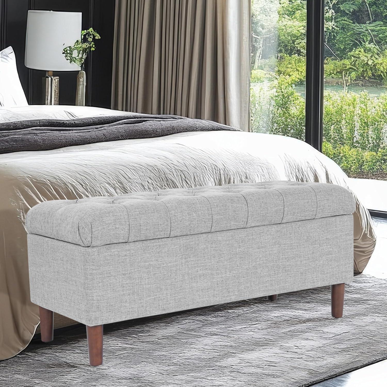 Button Tufted Storage Bench with Cone Wood Legs Gray - HomePop: Hinged Lid, Bedroom Ottoman
