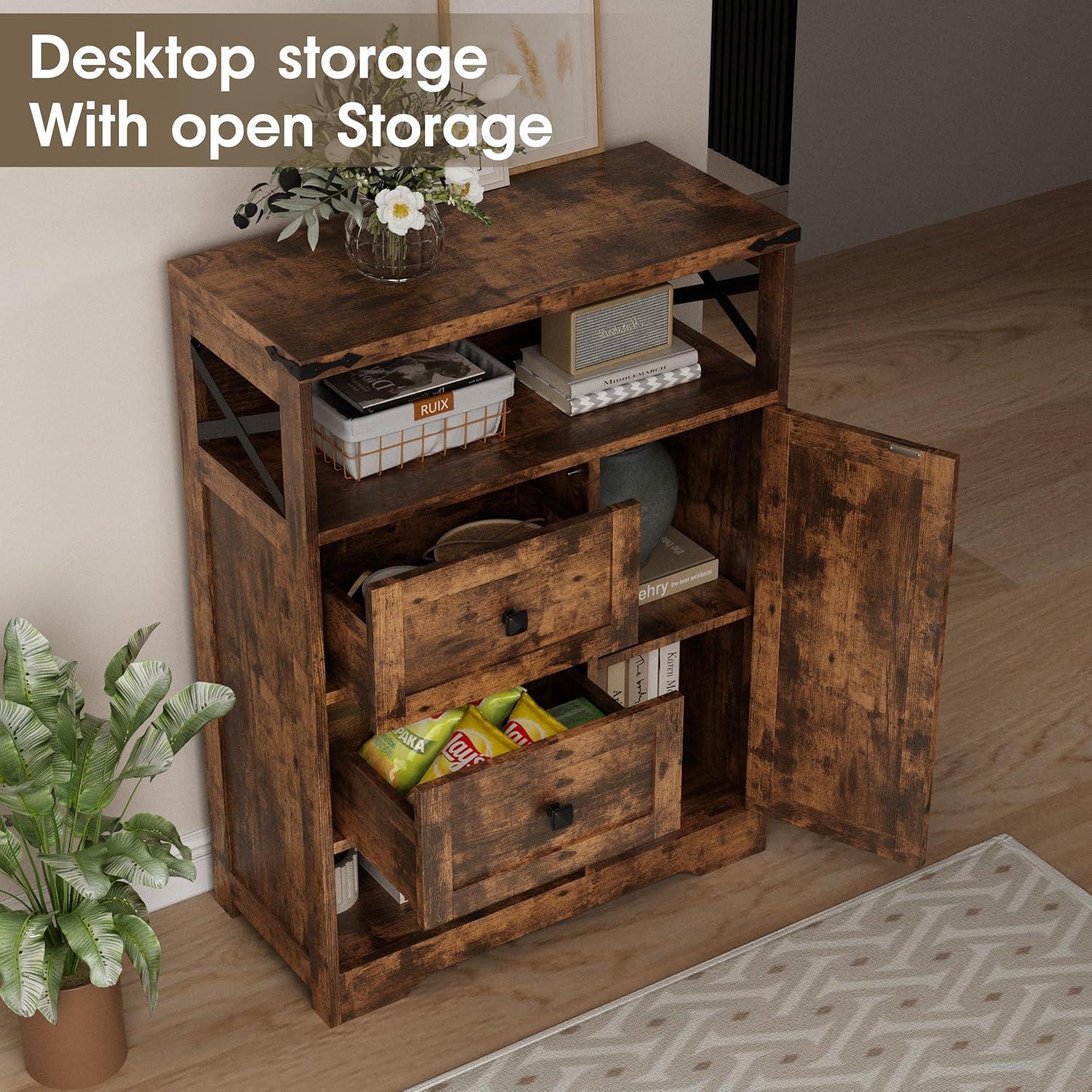 Rustic Brown Wood Living Room Storage Cabinet with Adjustable Shelving