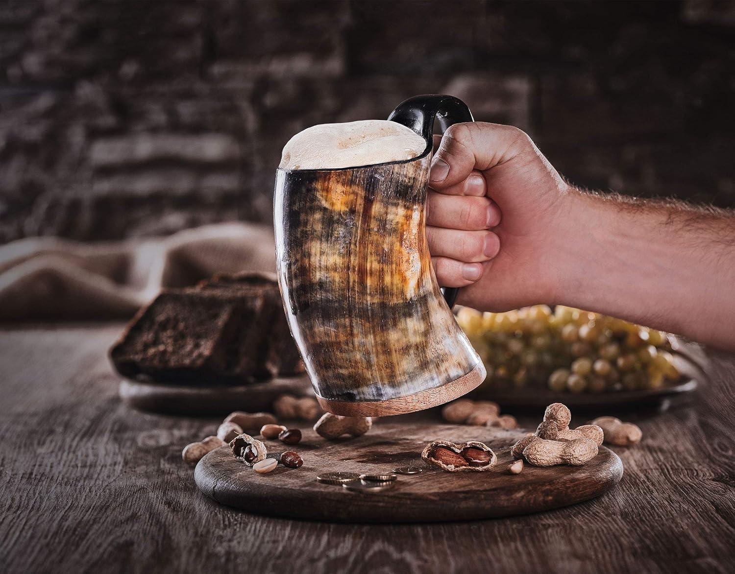 Norse Tradesman Genuine LG Viking Drinking Horn Mug - 100% Authentic Beer Horn Tankard With Hardwood Bottom & Ring Engravings | "The Eternal", Unpolished, approx. 16 oz