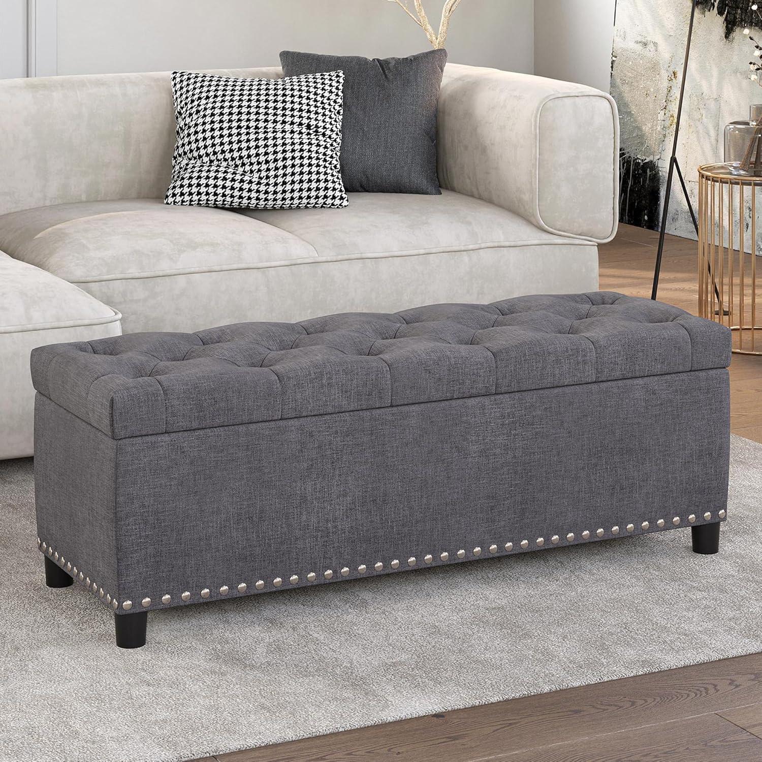 YOSITiuu Modern Luxury Button-Tufted Ottoman Bench Footrest Upholstered Linen Fabric Decor for Living Room, Entryway, or Bedroom with Storage - (Gray)