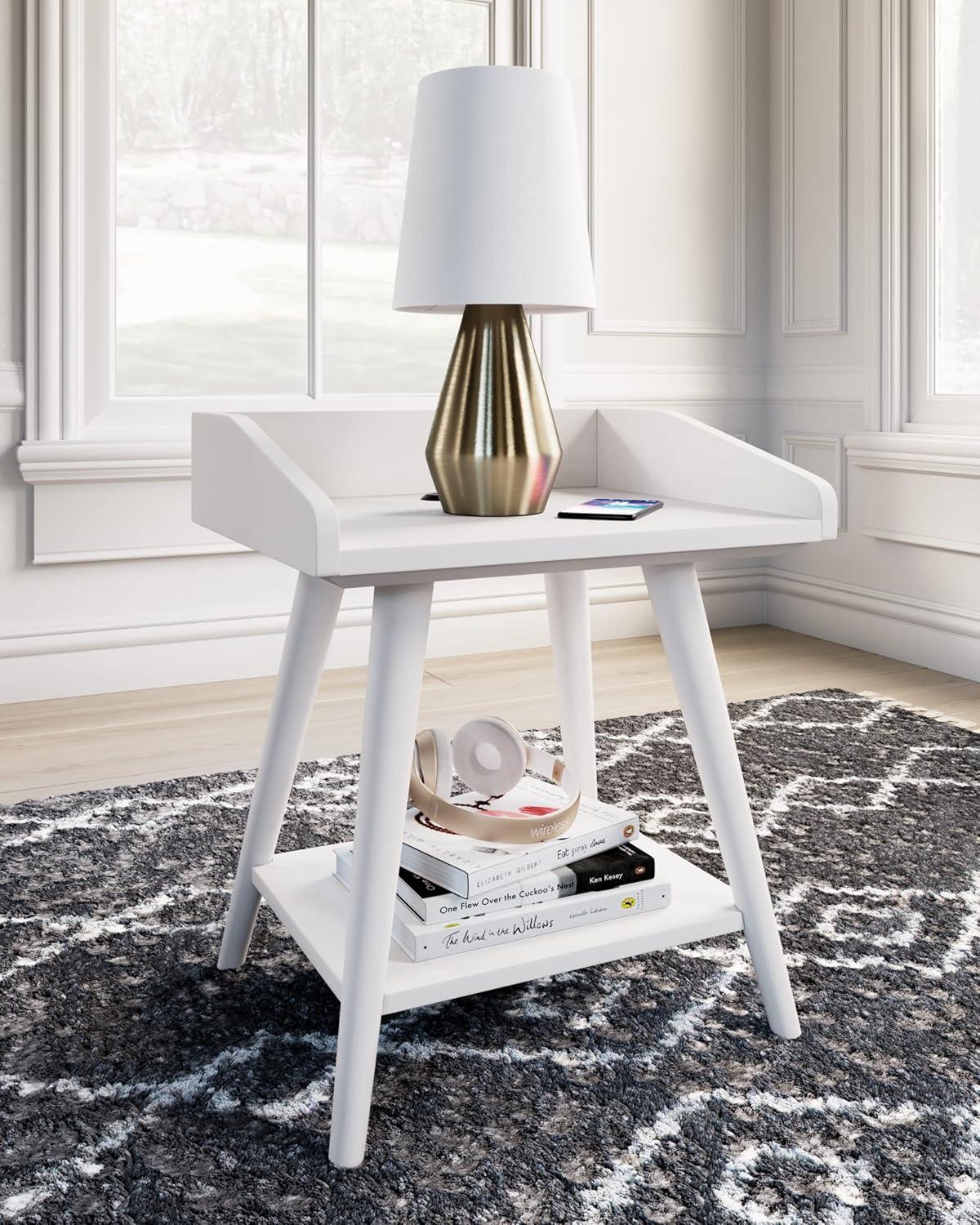 Crisp White Transitional Wood Accent Table with USB Chargers