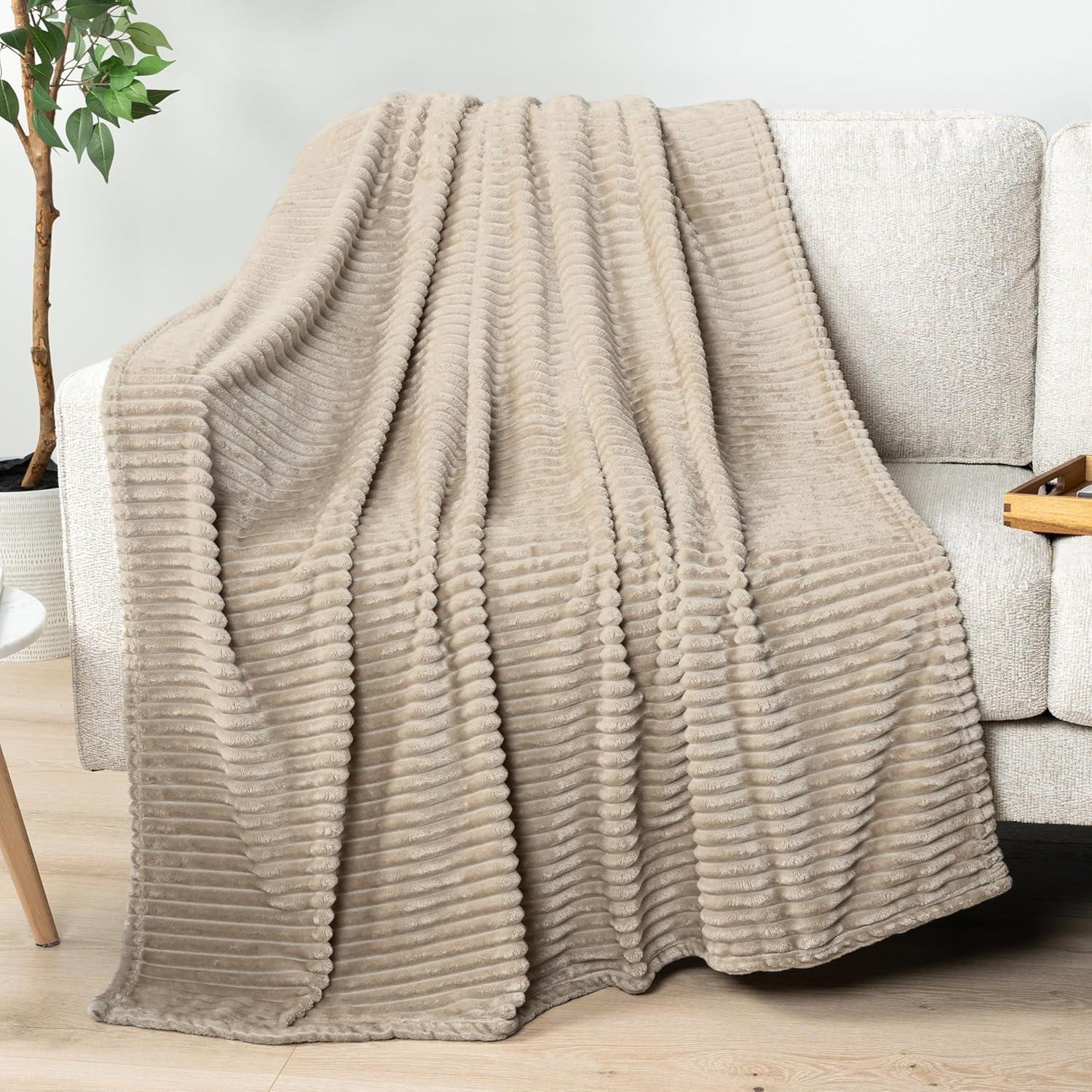 PAVILIA Super Soft Fleece Flannel Ribbed Striped Throw Blanket, Luxury Fuzzy Plush Warm Cozy for Sofa Couch Bed