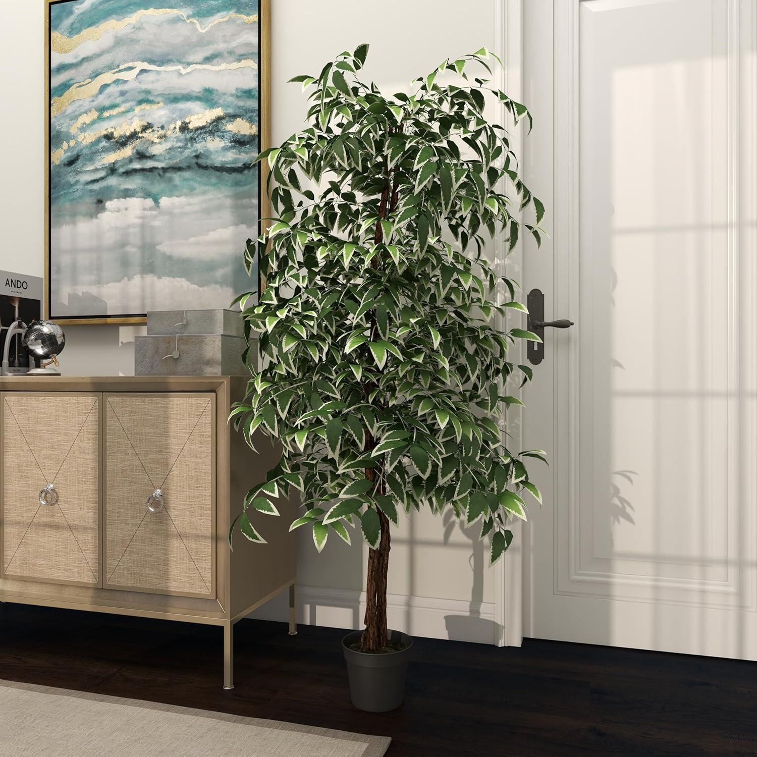 DecMode 73" Artificial Ficus Tree in Realistic Leaves and Black Plastic Pot