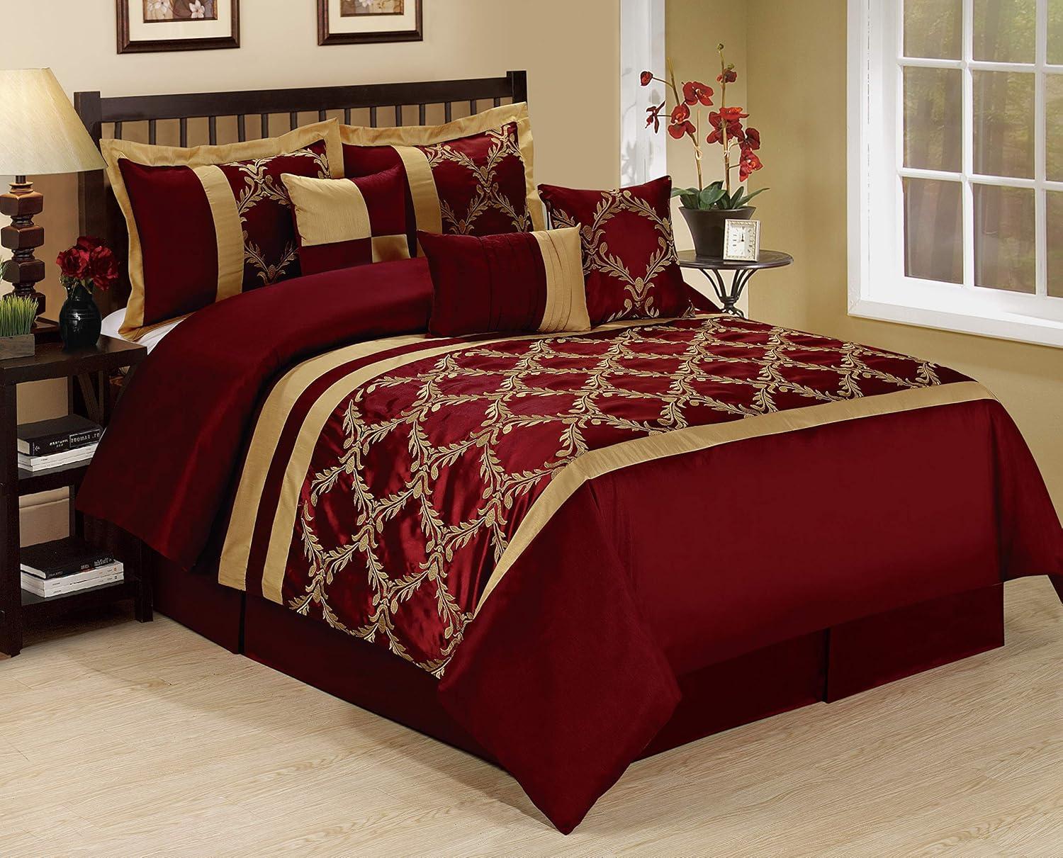 HIG 7 Piece Burgundy and Gold Faux Silk Fabric Embroideried Bedding Set, Queen