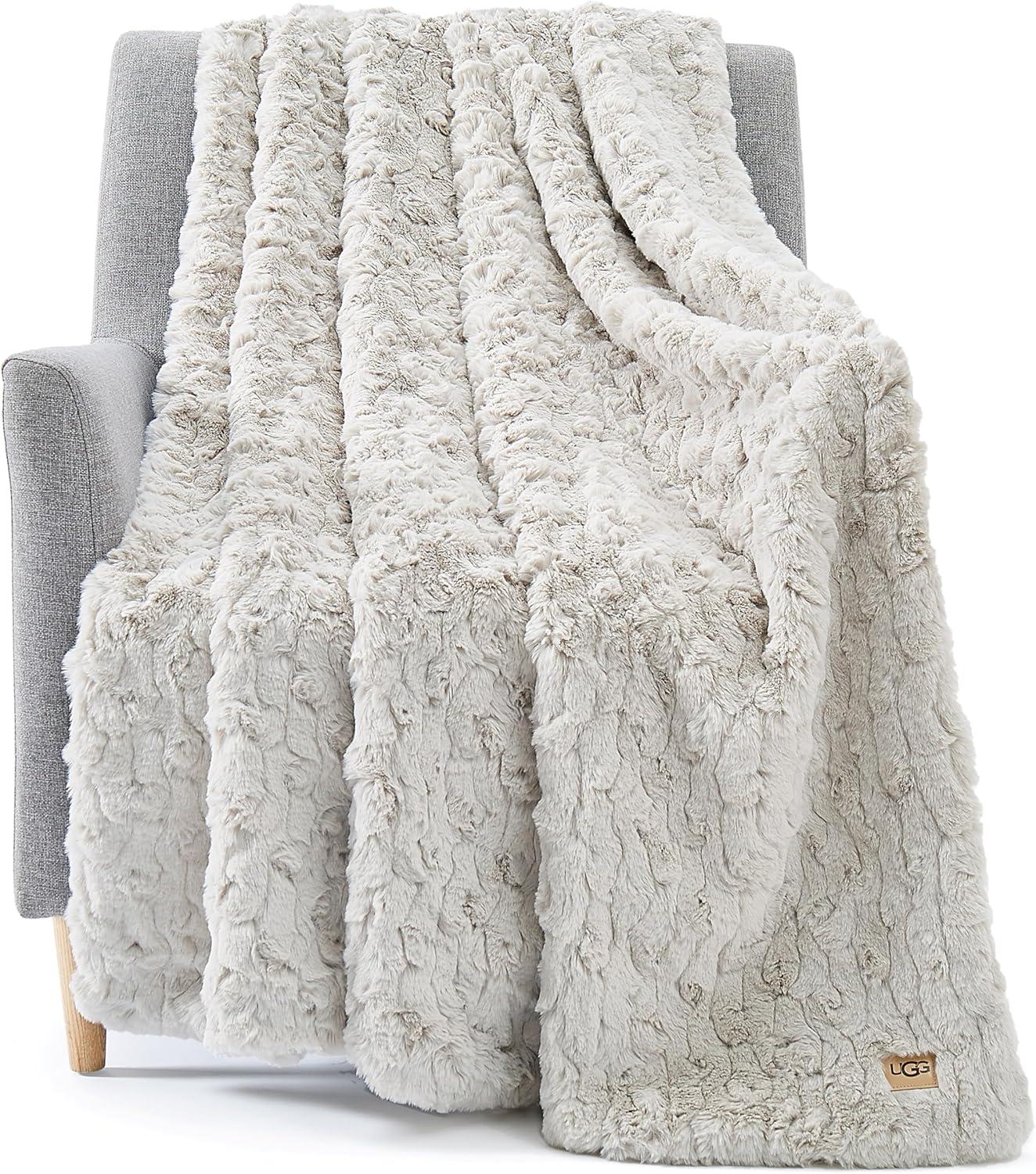 QIXIAN 25518 Amanda Reversible Throw Blanket Flannel Plush Luxury Cuddly Cozy Warm Furry Ultra-Soft Blankets for Couch or Bed, 70 x 50-inch, Stone