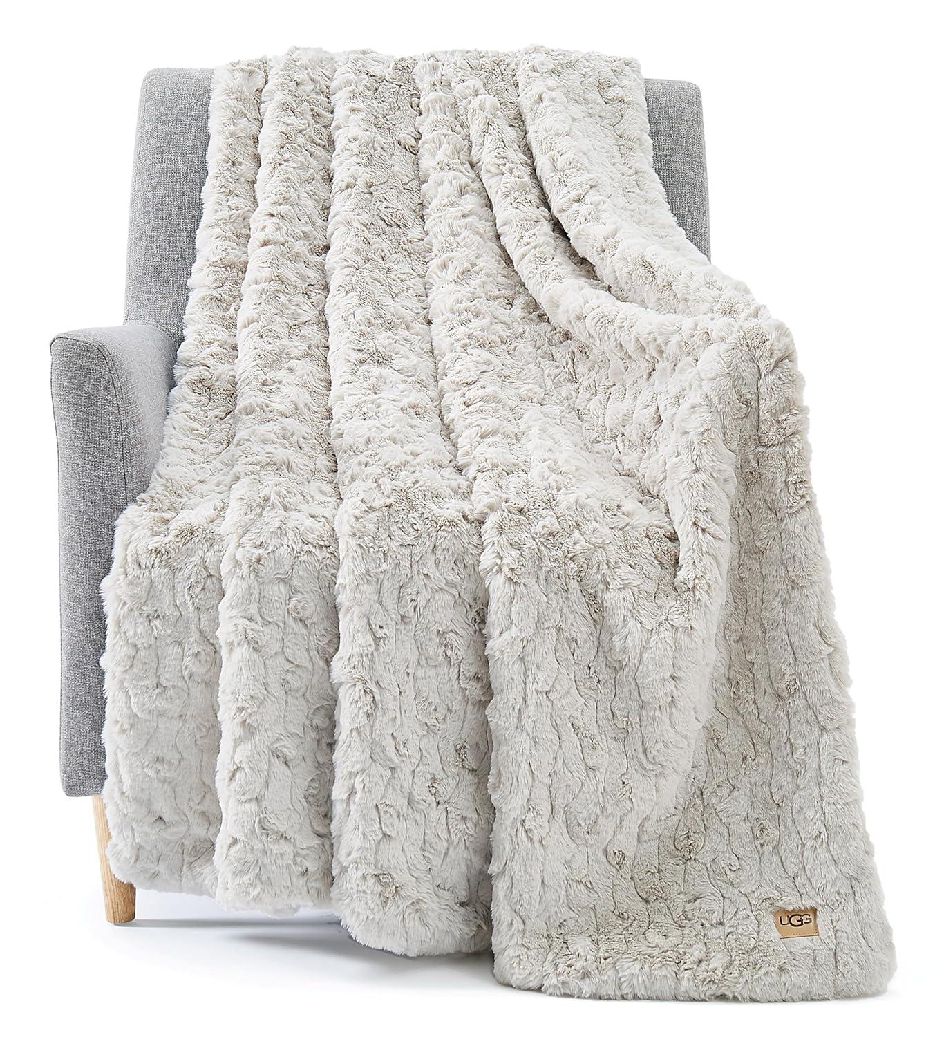 GOURE 25518 Amanda Reversible Throw Blanket Flannel Plush Luxury Cuddly Cozy Warm Furry Ultra-Soft Blankets for Couch or Bed, 70 x 50-inch, Stone